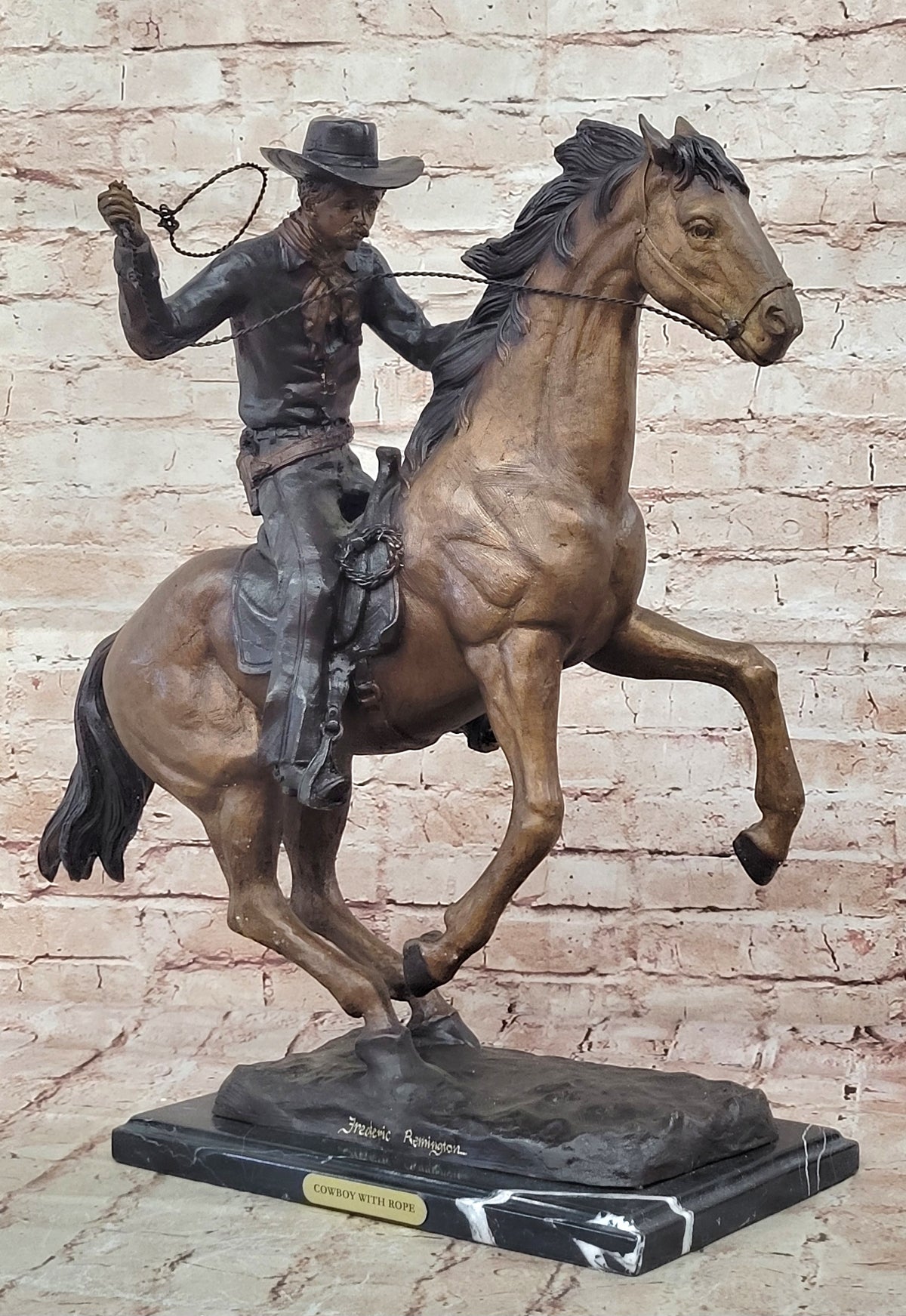 Old School Hot Cast Western Cowboy with His Horse Bronze Sculpture Marble Base