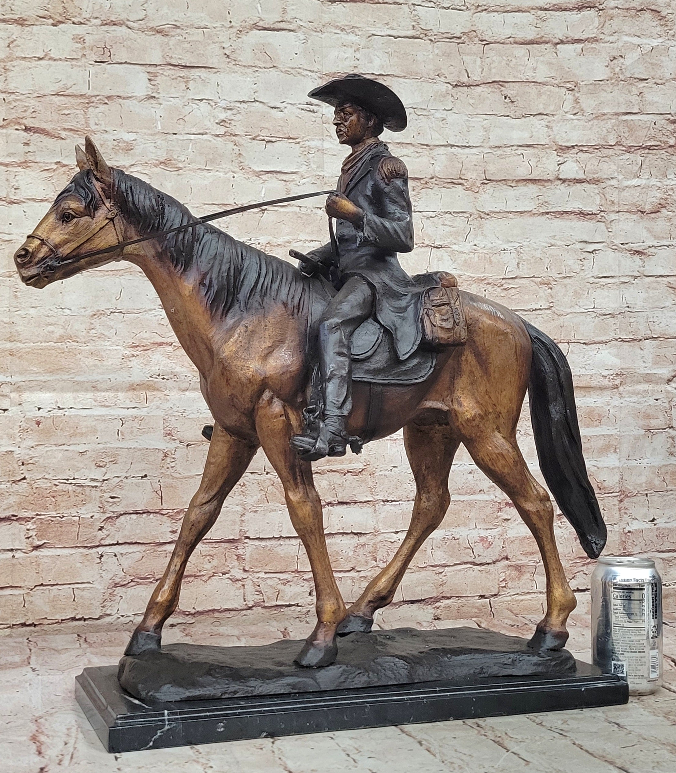 Remington 100% Bronze cowboy with Rifle in hand on horse good patina design