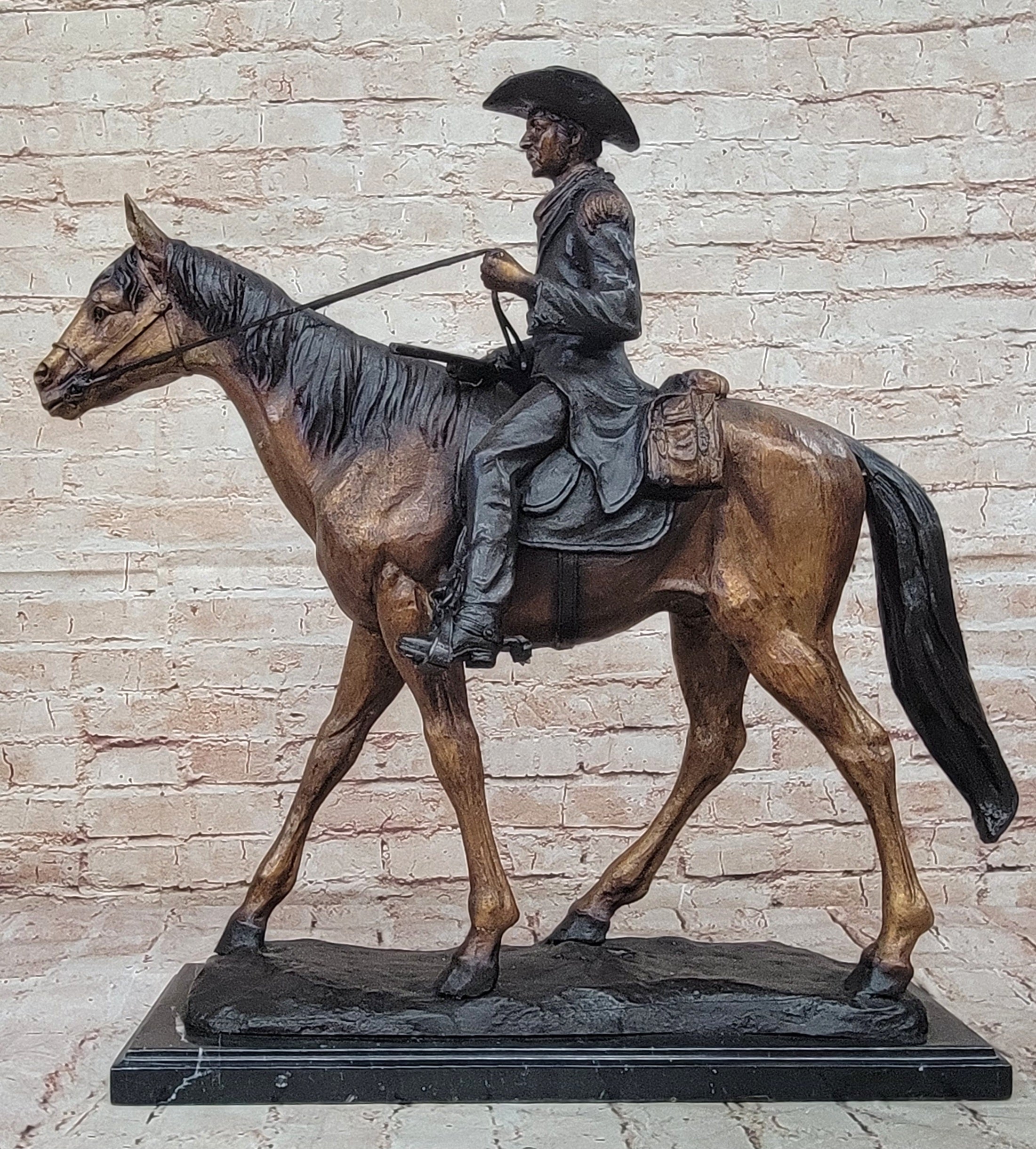 Remington 100% Bronze cowboy with Rifle in hand on horse good patina design