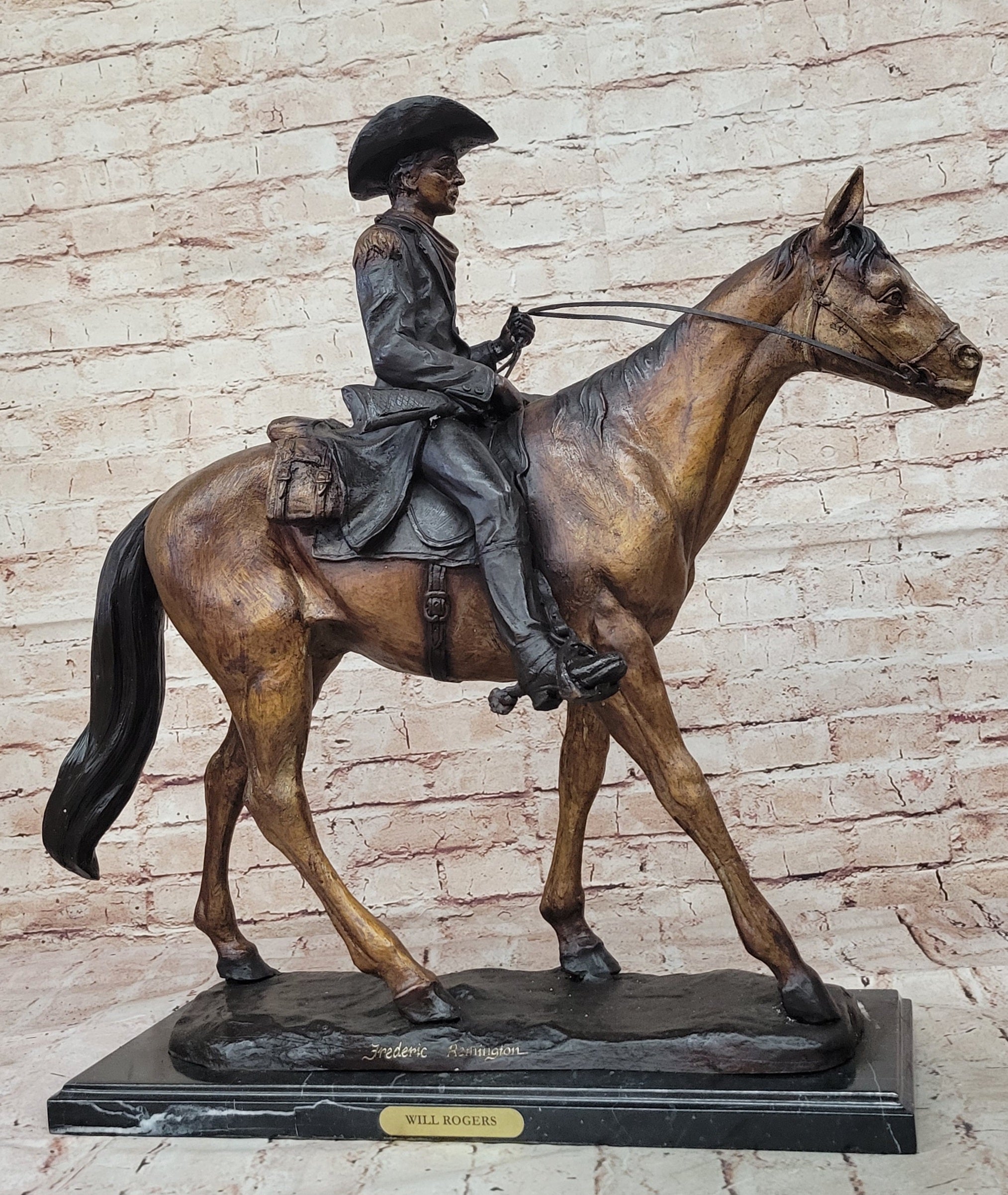 Remington 100% Bronze cowboy with Rifle in hand on horse good patina design