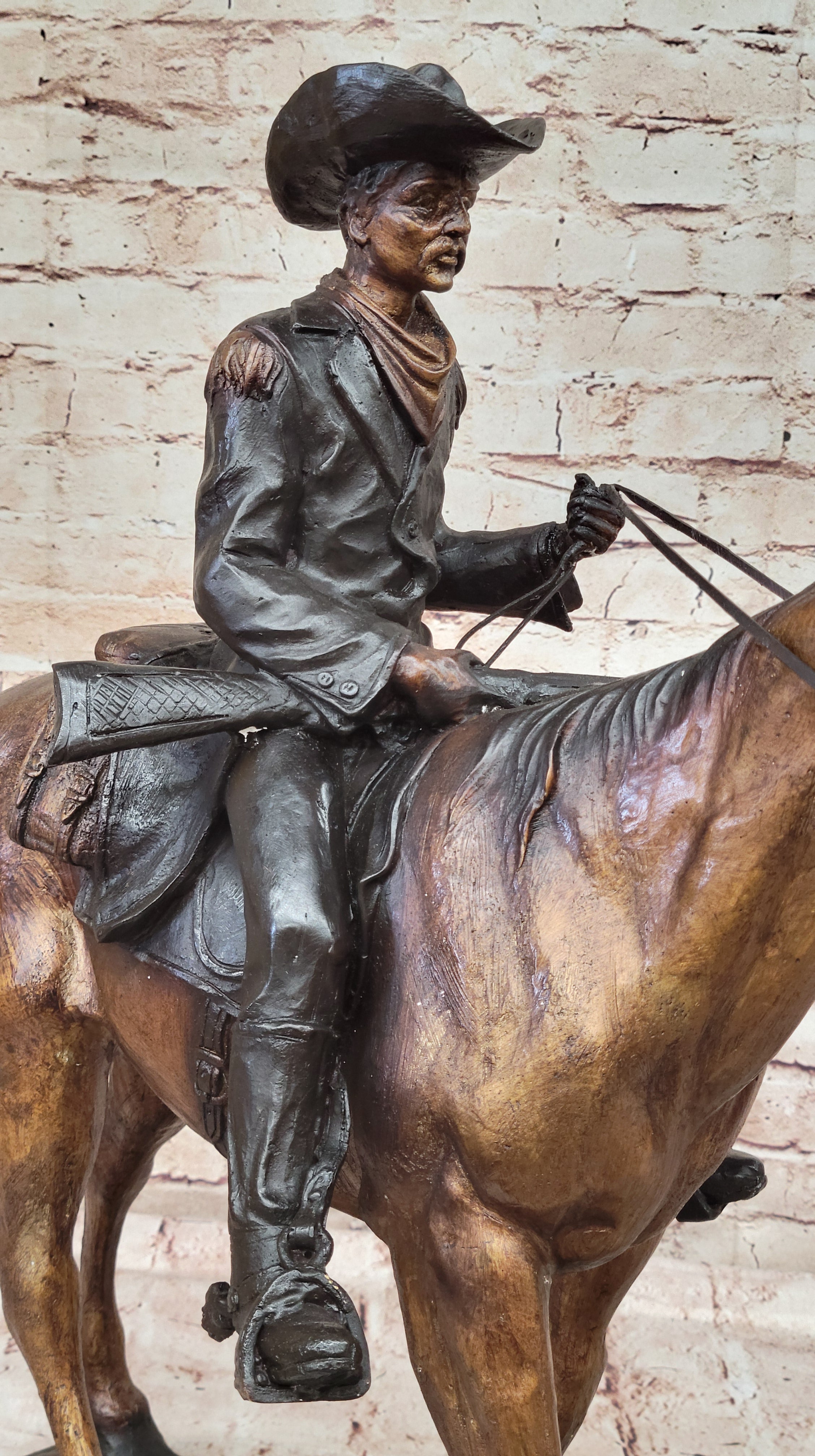 Remington 100% Bronze cowboy with Rifle in hand on horse good patina design