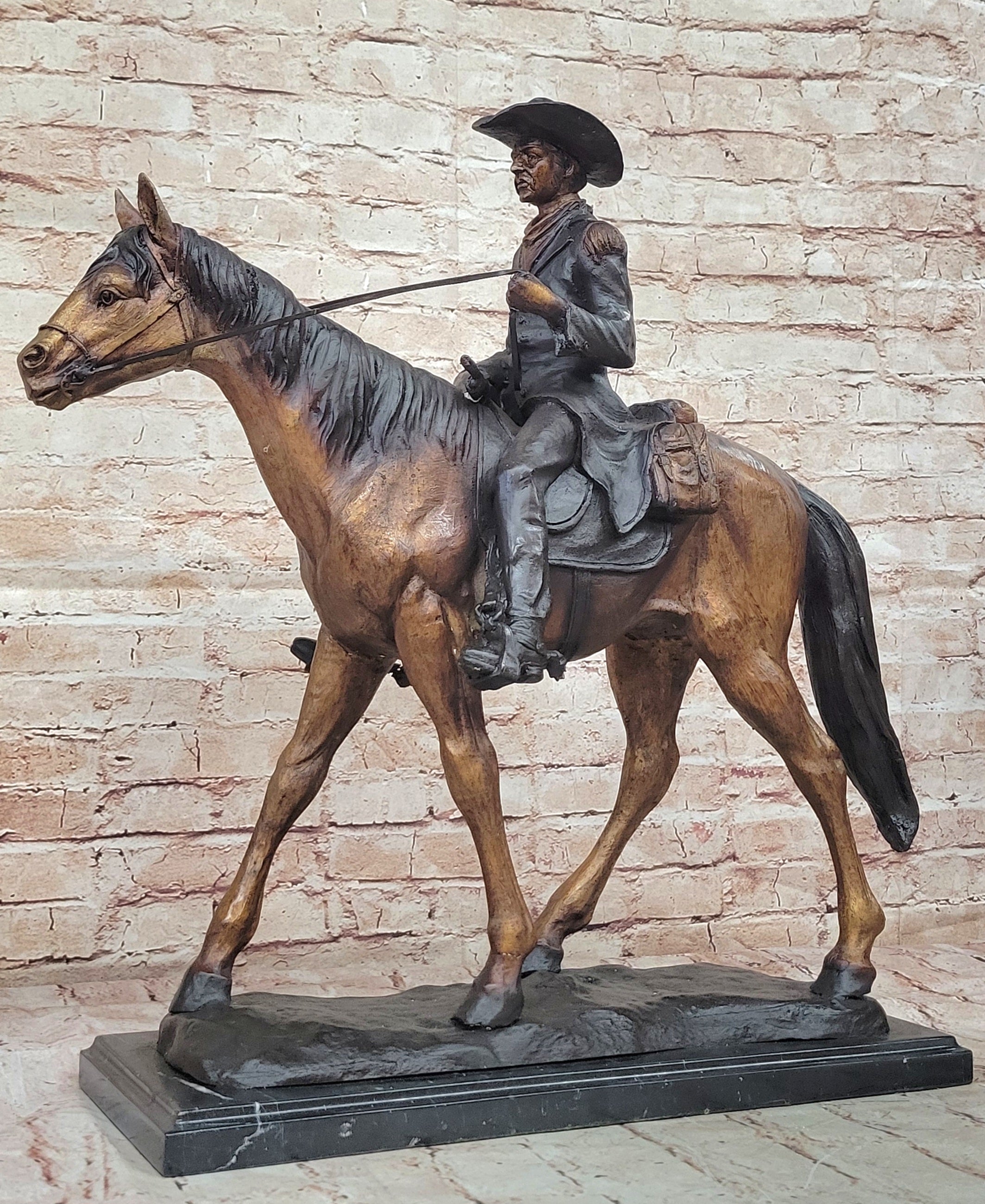 Remington 100% Bronze cowboy with Rifle in hand on horse good patina design