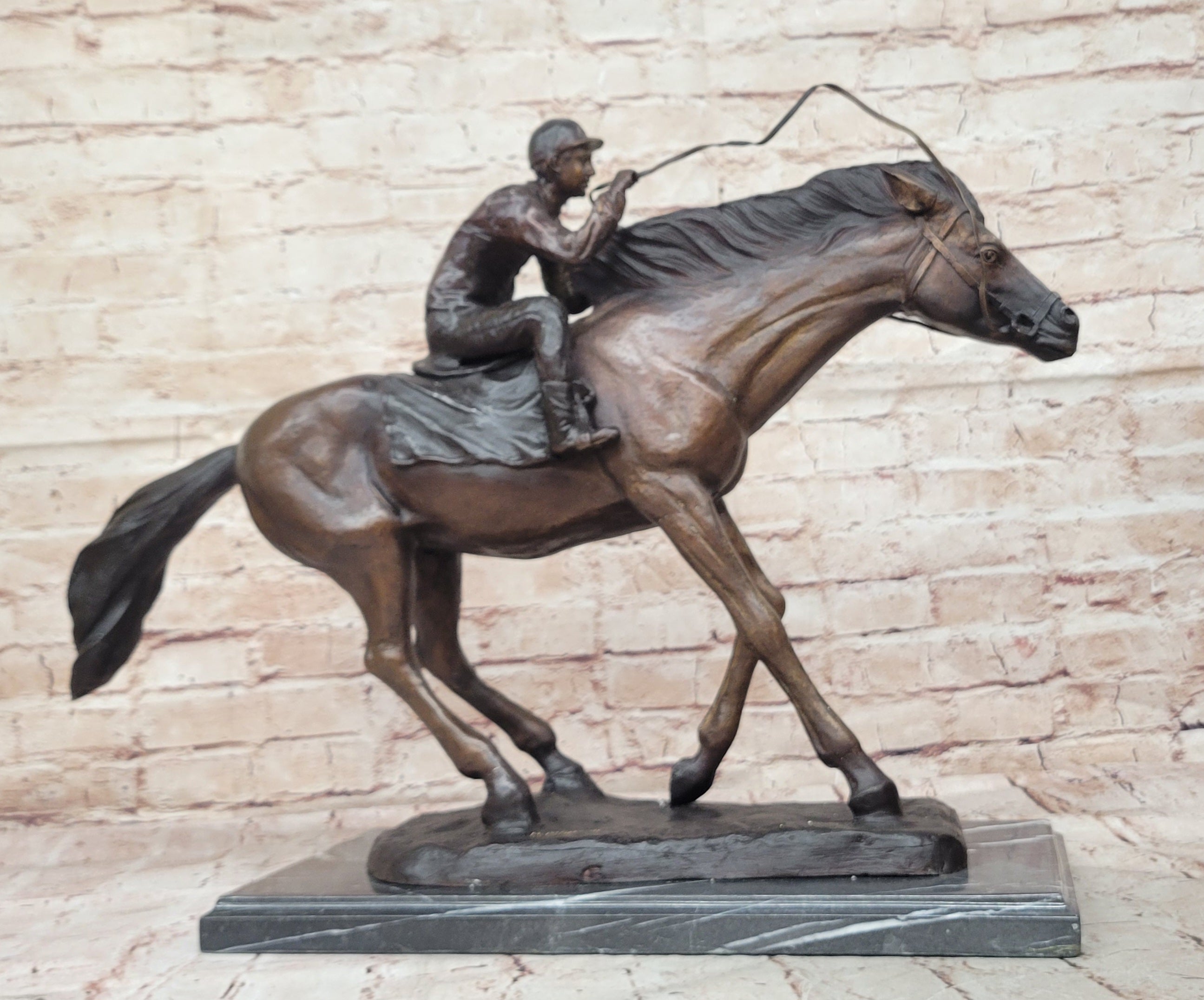 Bronze Sculpture Original Signed Statue Of Jockey& Race Horse Office Trophy