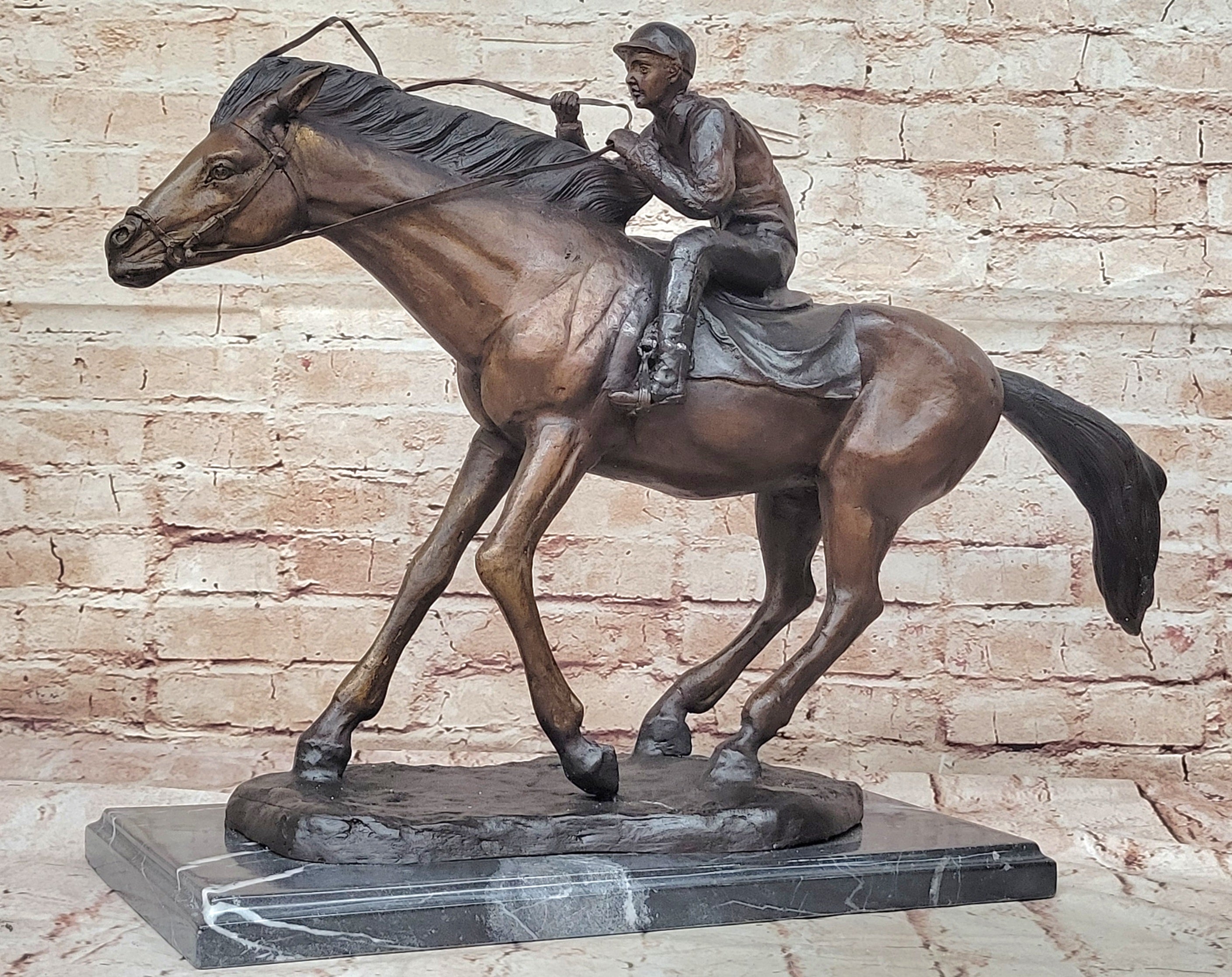 Bronze Sculpture Original Signed Statue Of Jockey& Race Horse Office Trophy