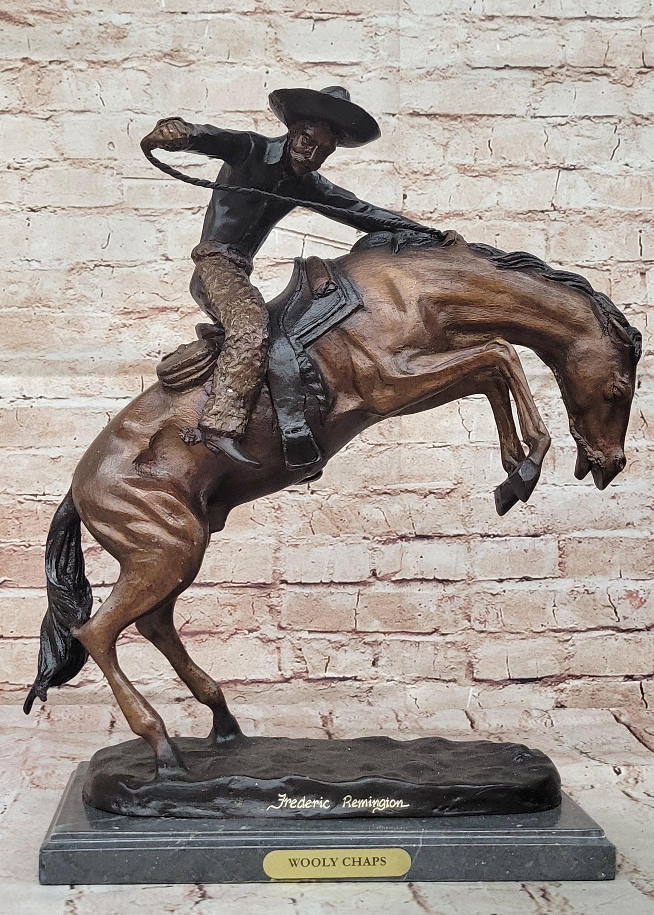 SIGNED REMINGTON FAMOUS WOOLY CHAPS BRONZE SCULPTURE COWBOY HORSE OLD WESTERN NR