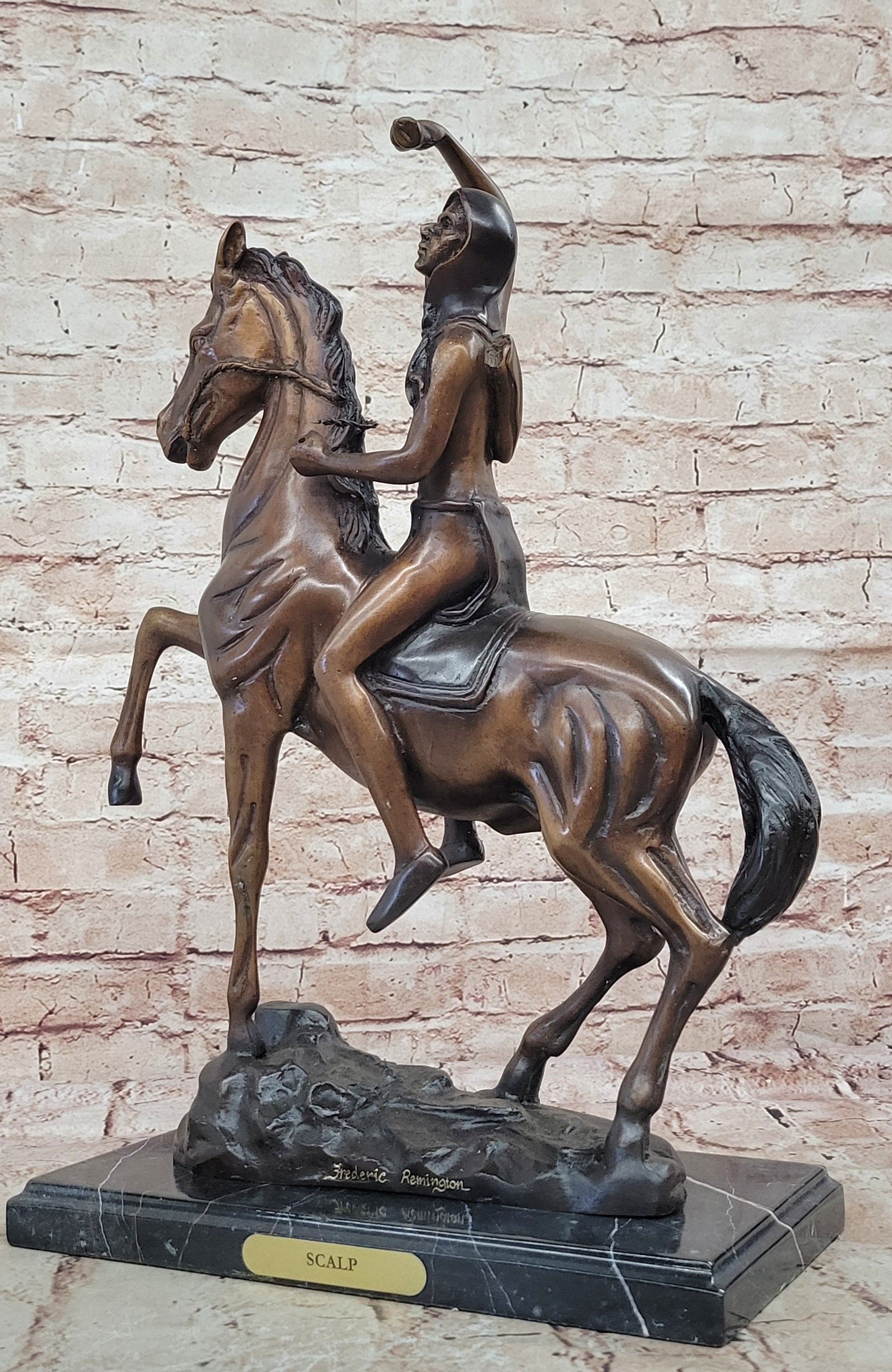 Handcrafted bronze sculpture SALE Horse On Man Tall 20" Scalp" "The Remington
