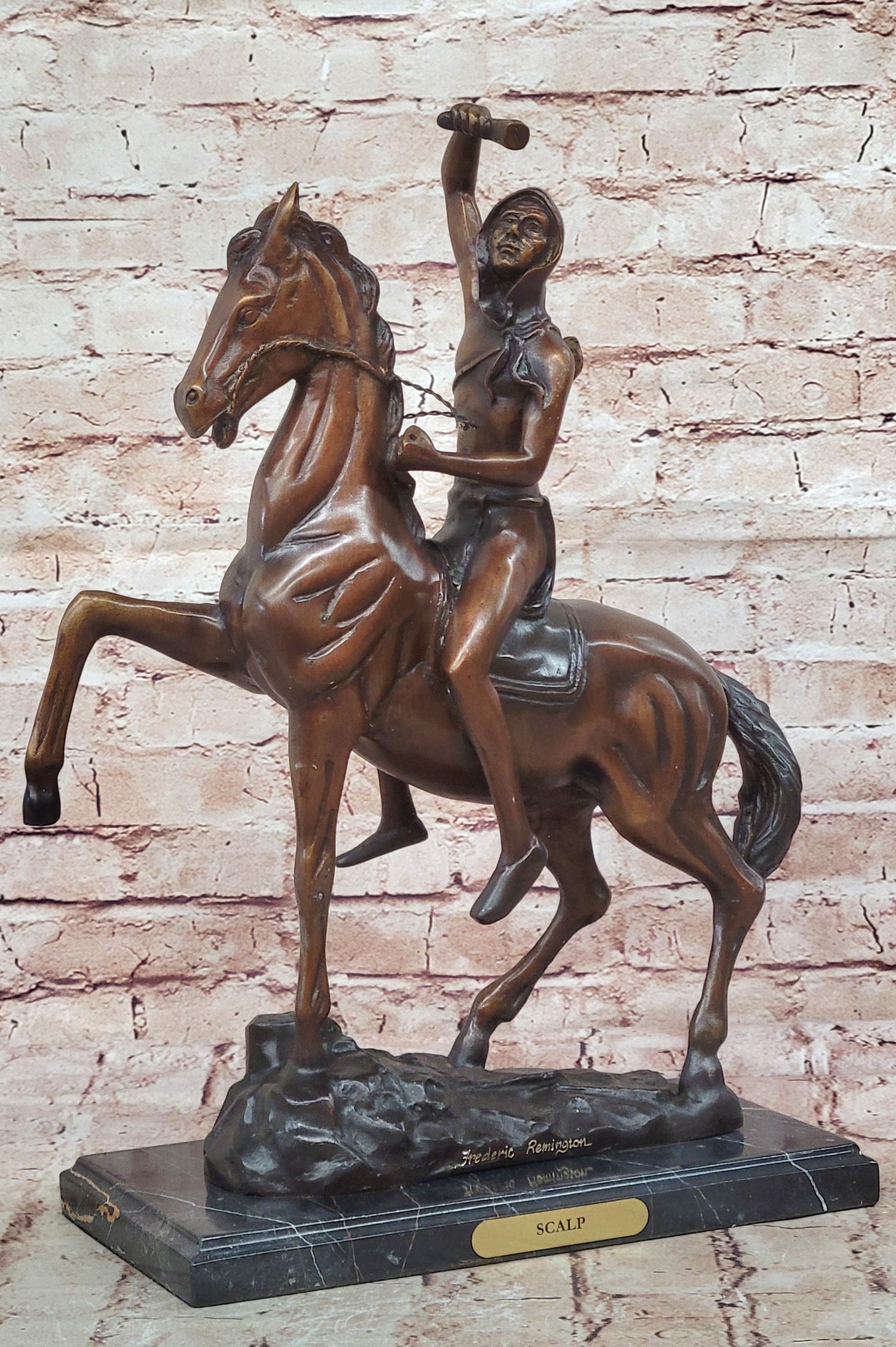 Handcrafted bronze sculpture SALE Horse On Man Tall 20" Scalp" "The Remington