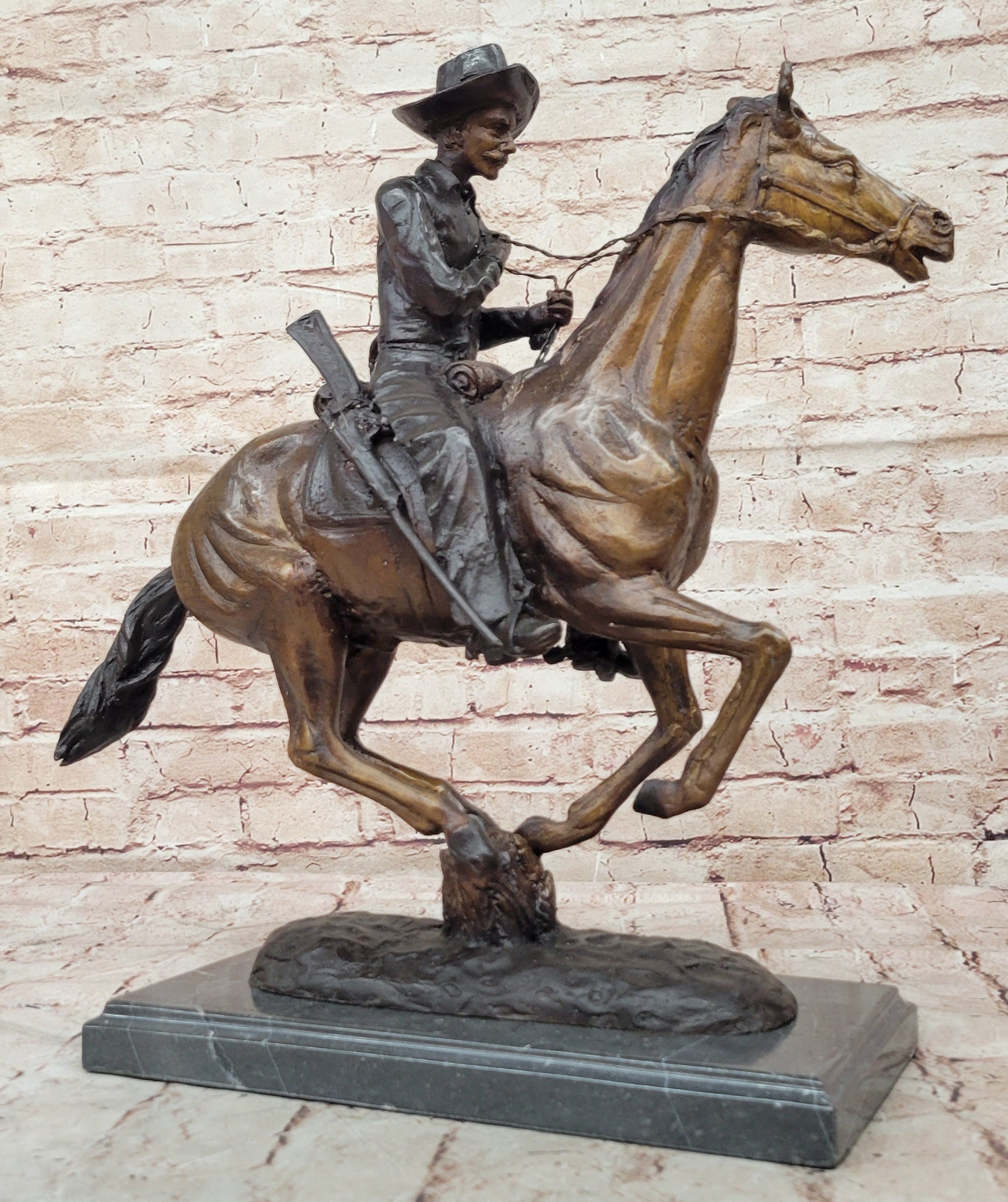 Cowboy On His Running Horse Handmade Bronze Statue Figure Gift Home Decor Art NR