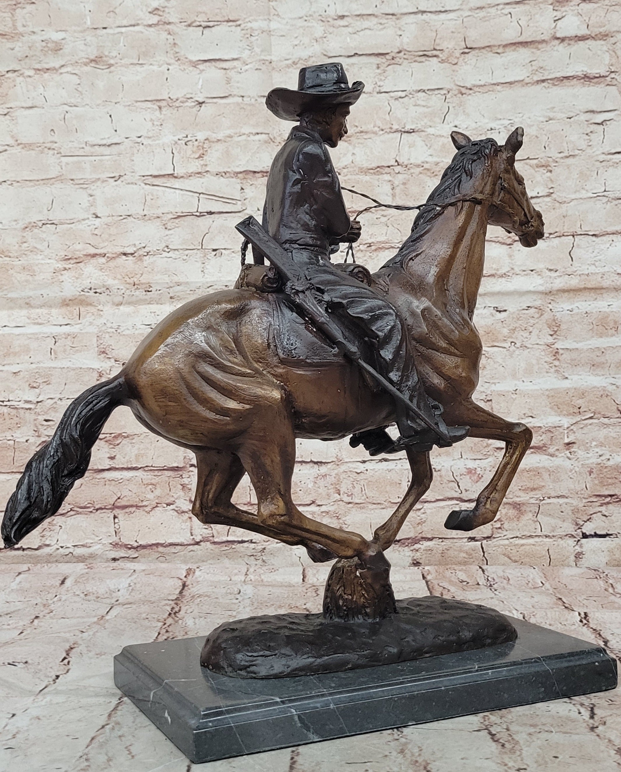 Cowboy On His Running Horse Handmade Bronze Statue Figure Gift Home Decor Art NR