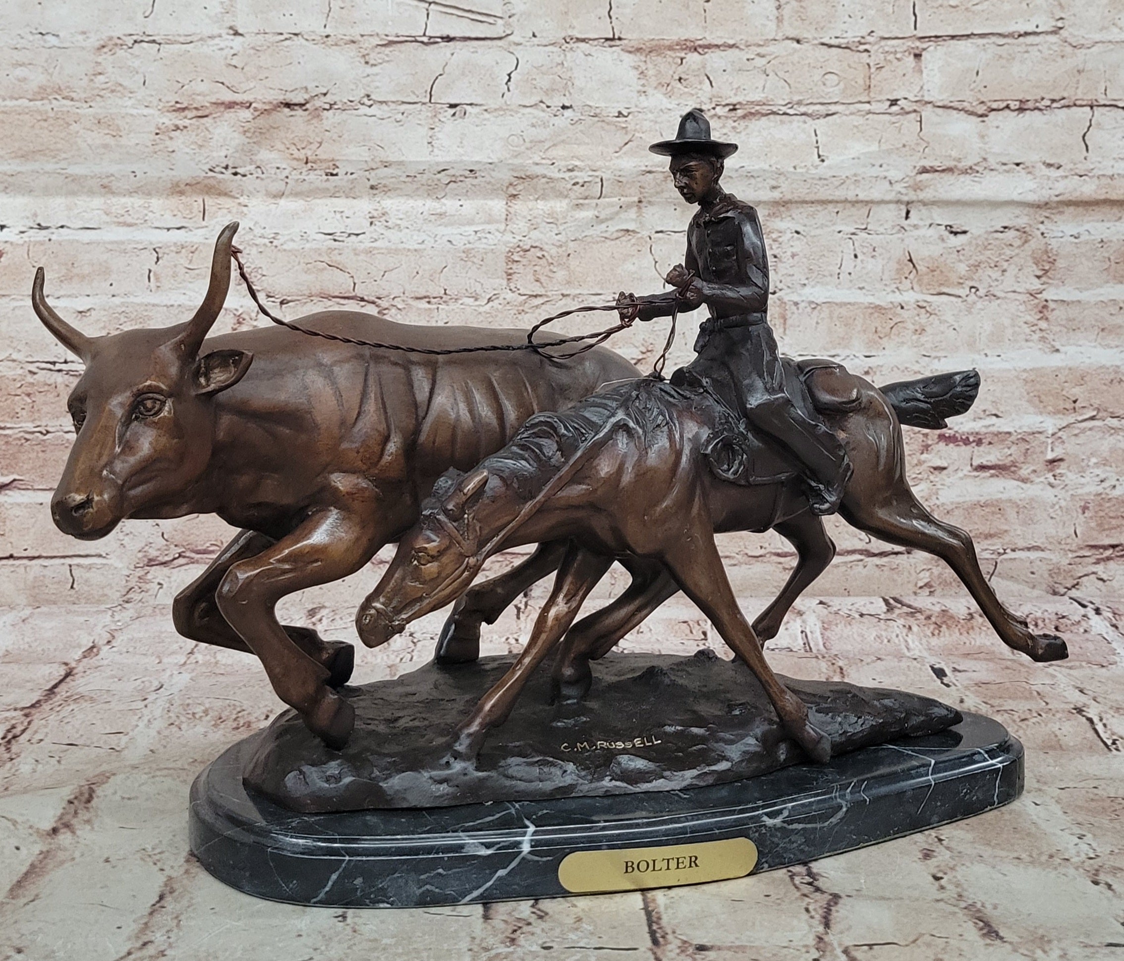 Art Deco Western Old West Cowboy on Horse with Cattle Handcrafted Figure Figurine