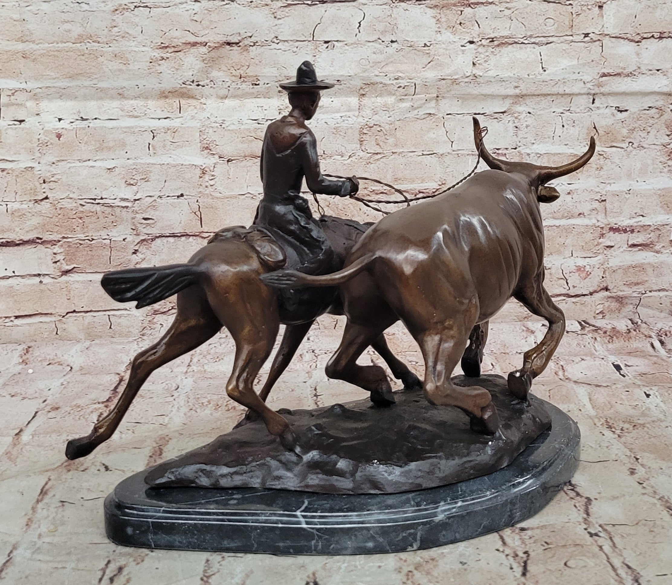 Art Deco Western Old West Cowboy on Horse with Cattle Handcrafted Figure Figurine