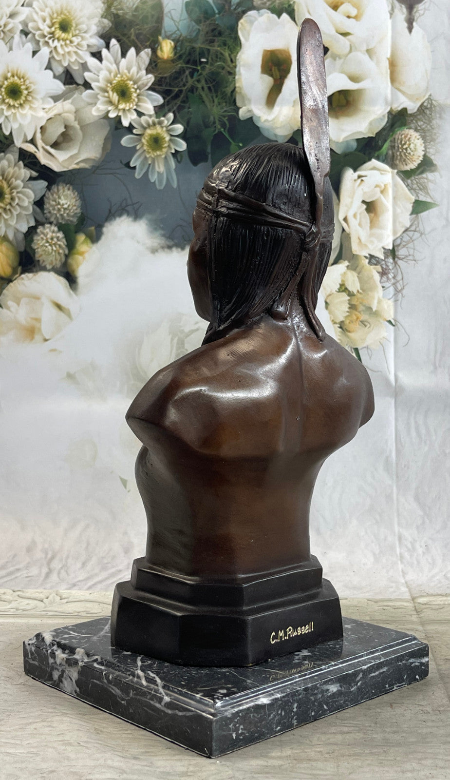 Rare Indian Native American Art Chief Eagle Bust Marble Base Sculpture hot cast