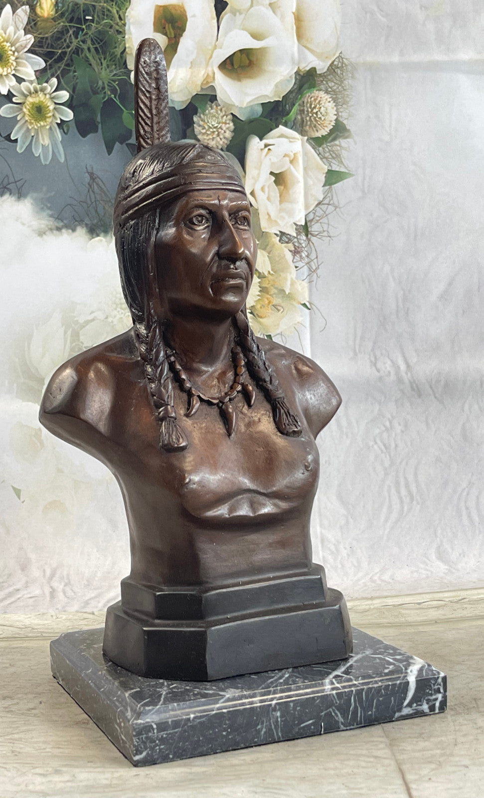 Rare Indian Native American Art Chief Eagle Bust Marble Base Sculpture hot cast