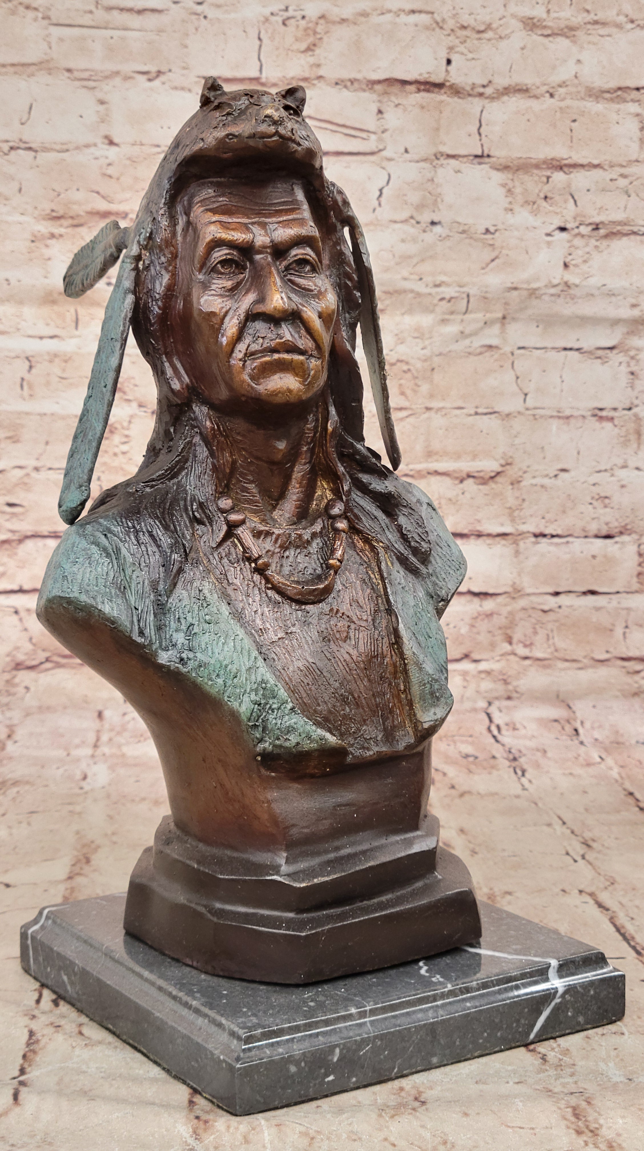 American Indian Warrior Chief Bronze Sculpture But Special Color Patina Statue