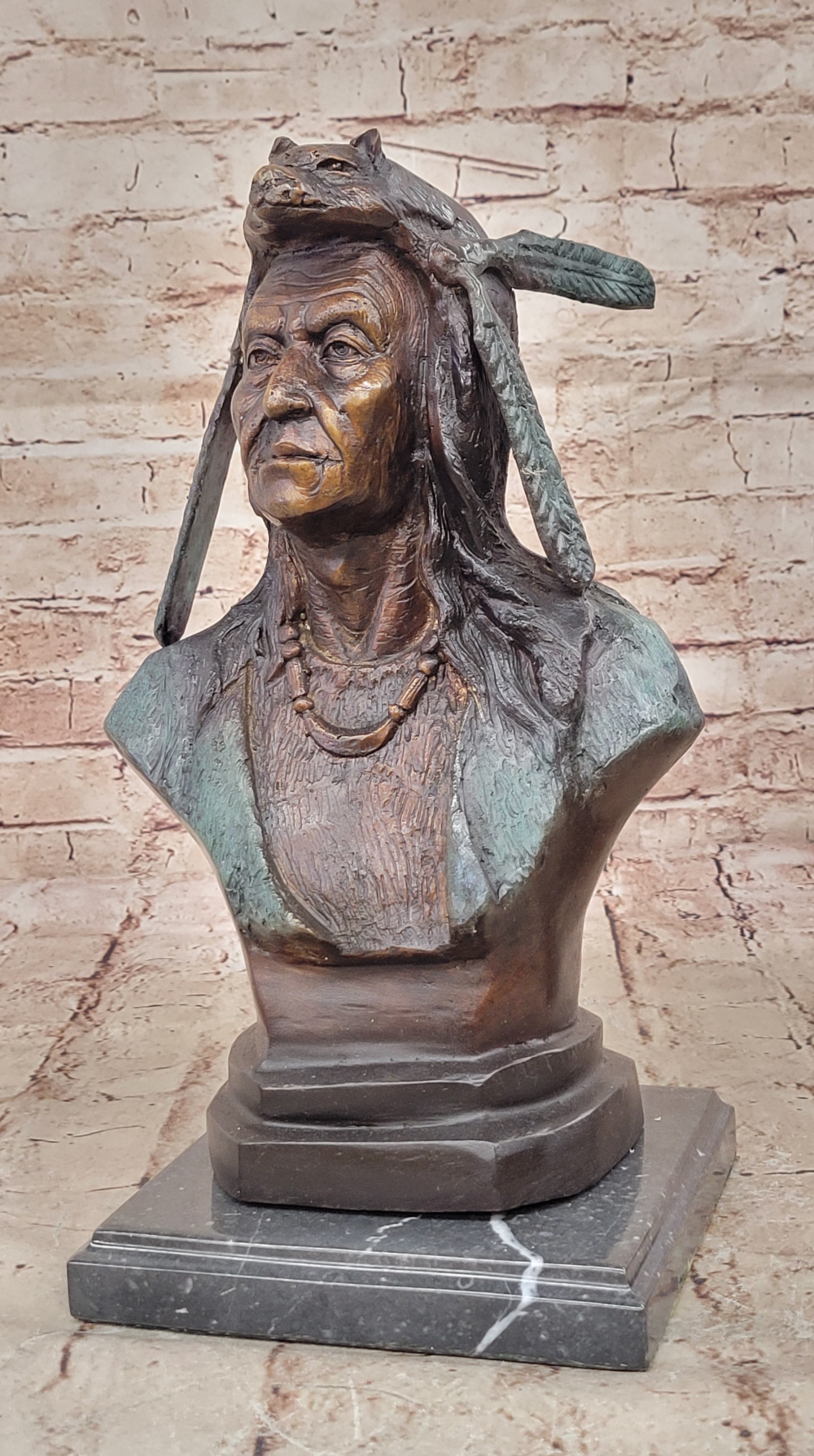 American Indian Warrior Chief Bronze Sculpture But Special Color Patina Statue