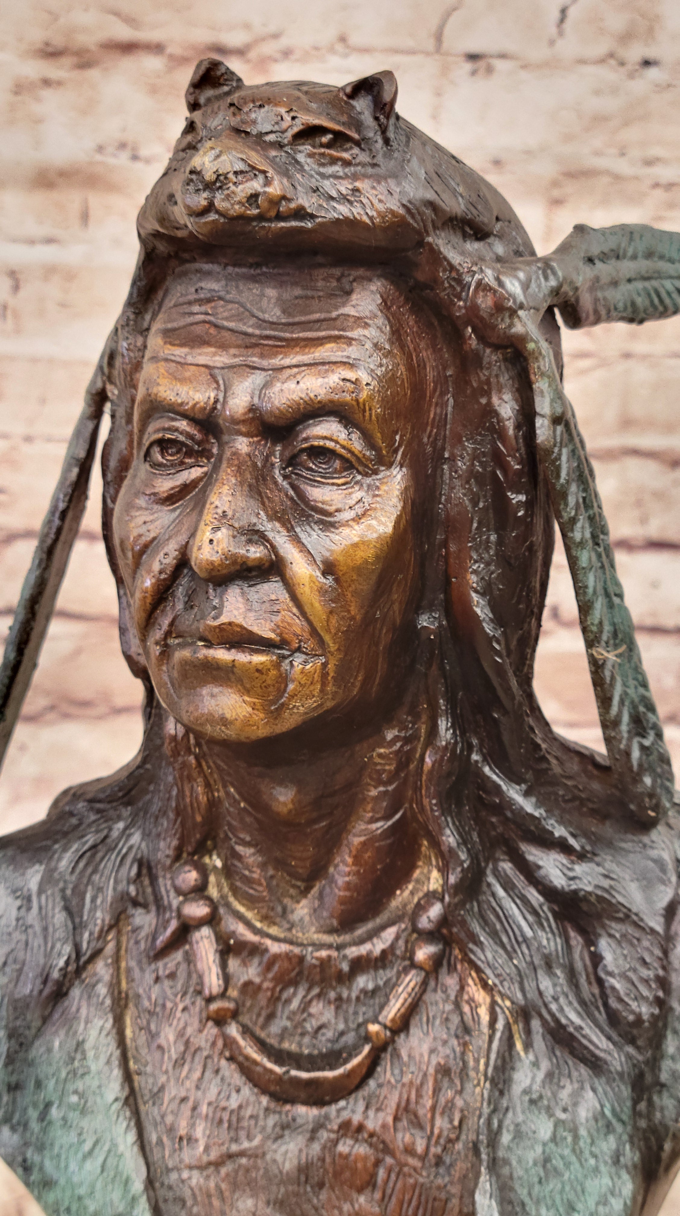 American Indian Warrior Chief Bronze Sculpture But Special Color Patina Statue
