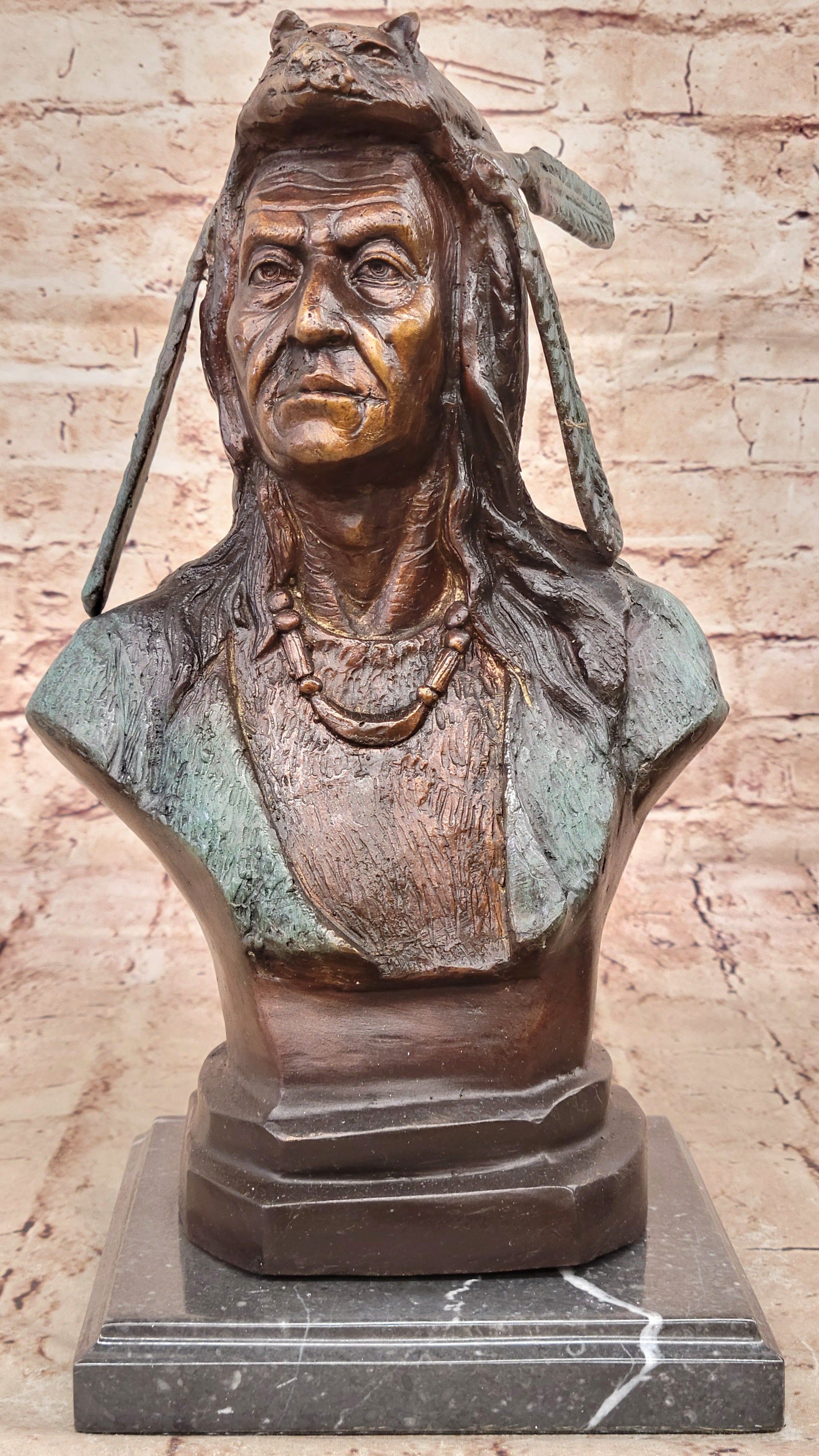 American Indian Warrior Chief Bronze Sculpture But Special Color Patina Statue
