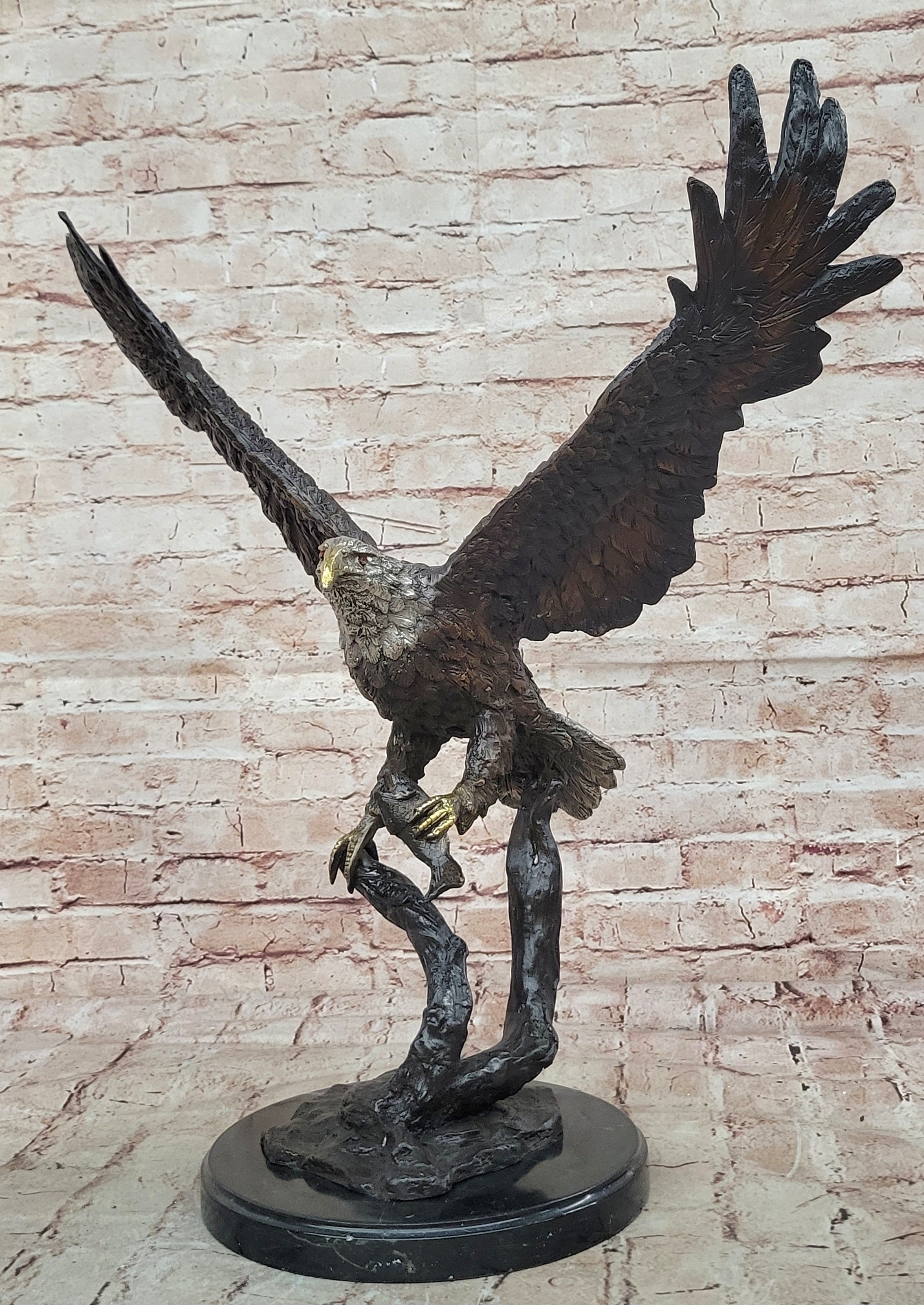 Flying Fishing Bald Eagle Military Art American Patriotic Bronze Marble Statue