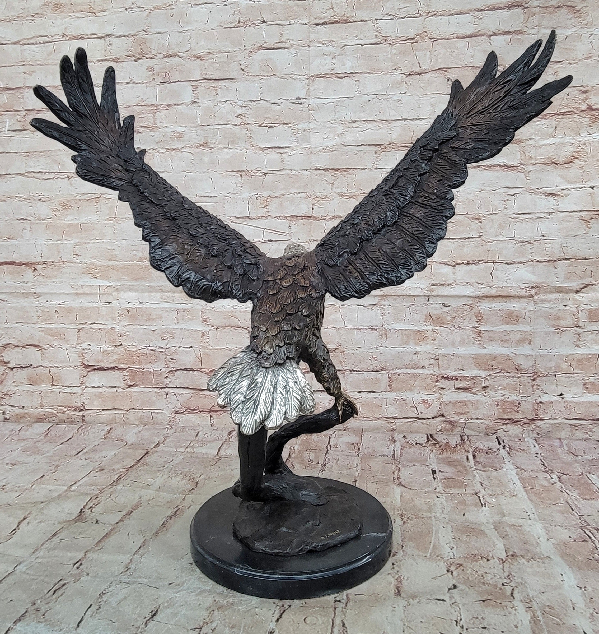 Flying Fishing Bald Eagle Military Art American Patriotic Bronze Marble Statue