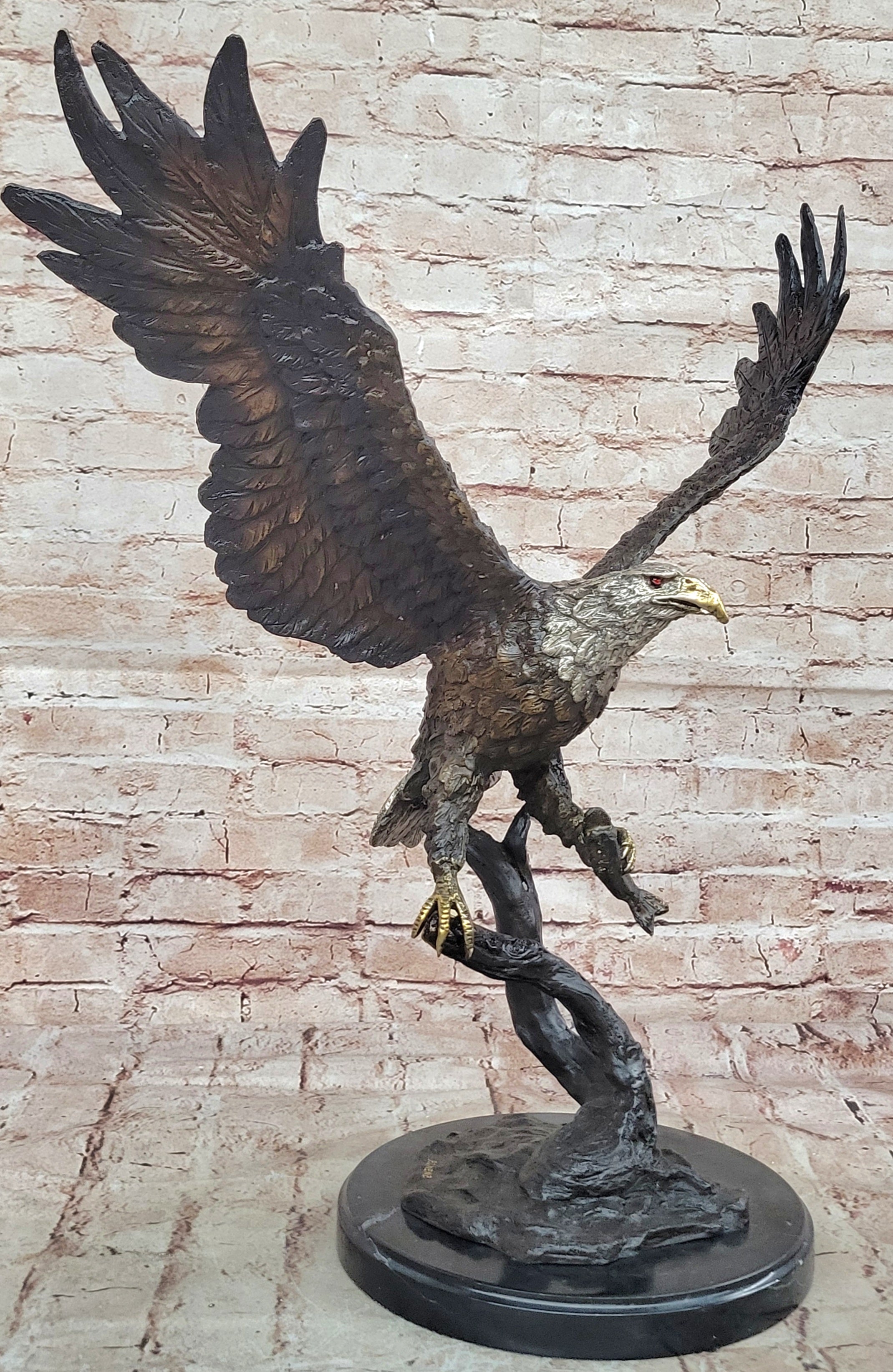 Flying Fishing Bald Eagle Military Art American Patriotic Bronze Marble Statue