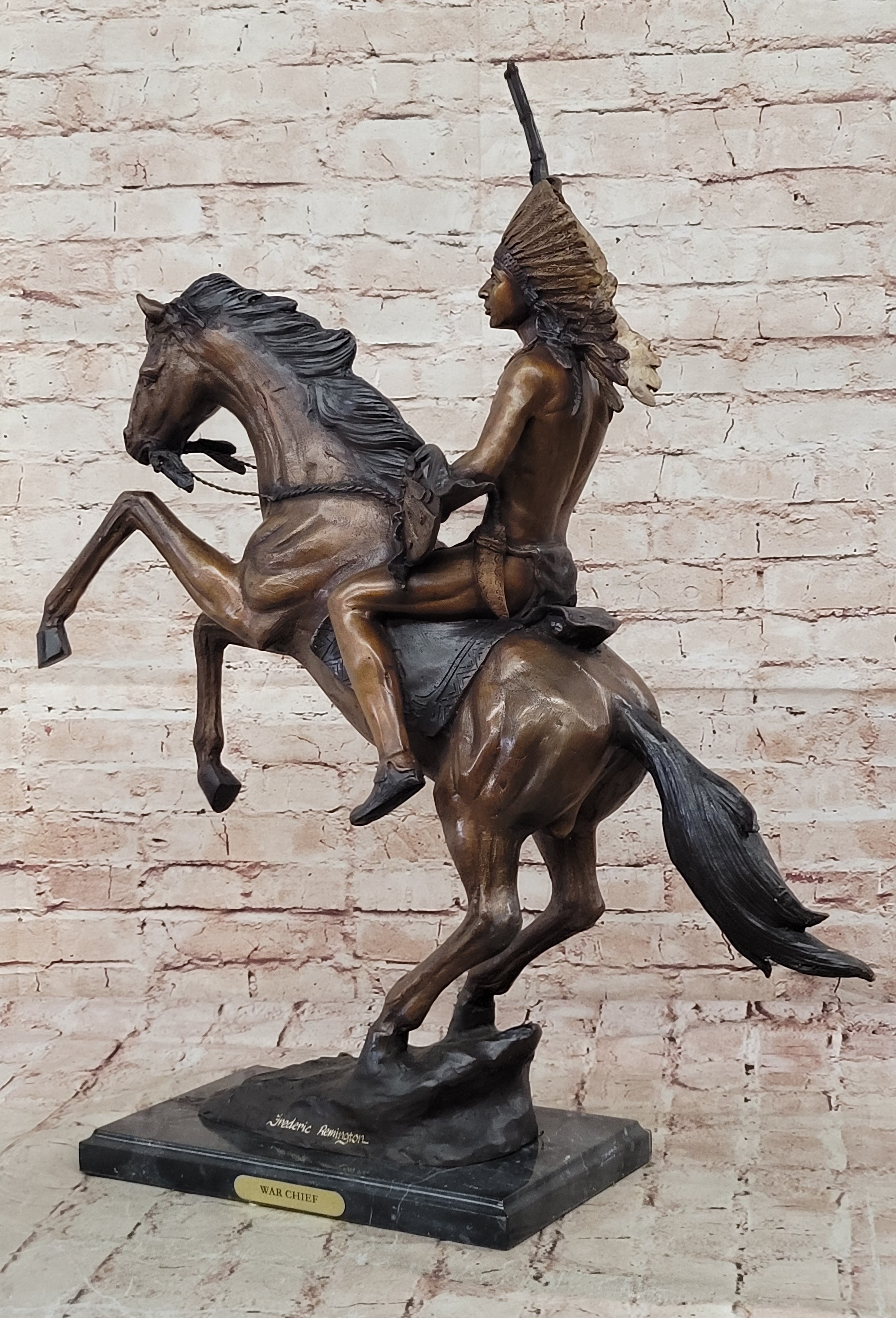 Original Thomas War Chief Bronze Sculpture Western Art Marble Base Figurine Sale