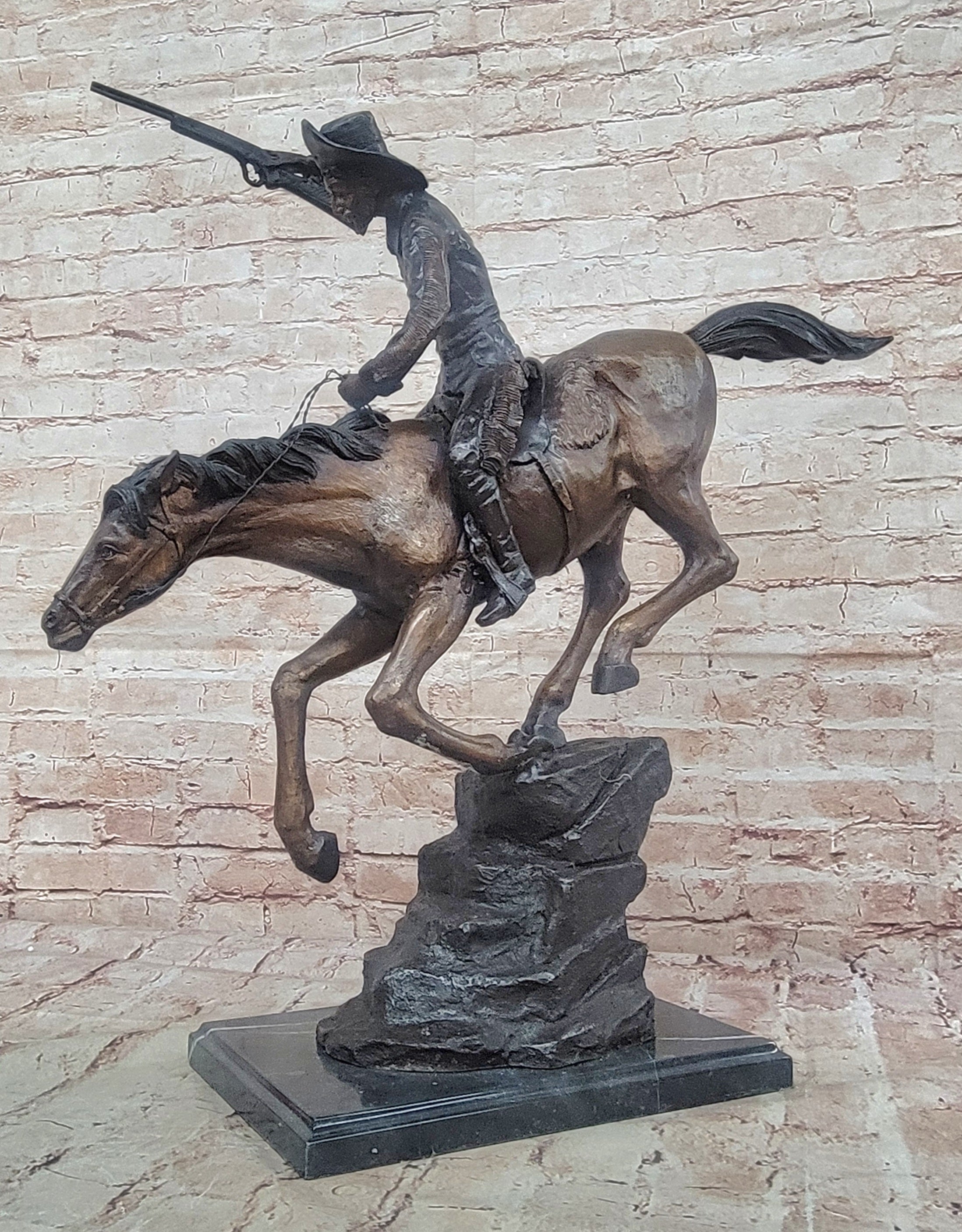 LARGE COWBOY WITH HORSE BRONZE SCULPTURE WESTERN ART REMINGTON FIGURINE DECOR