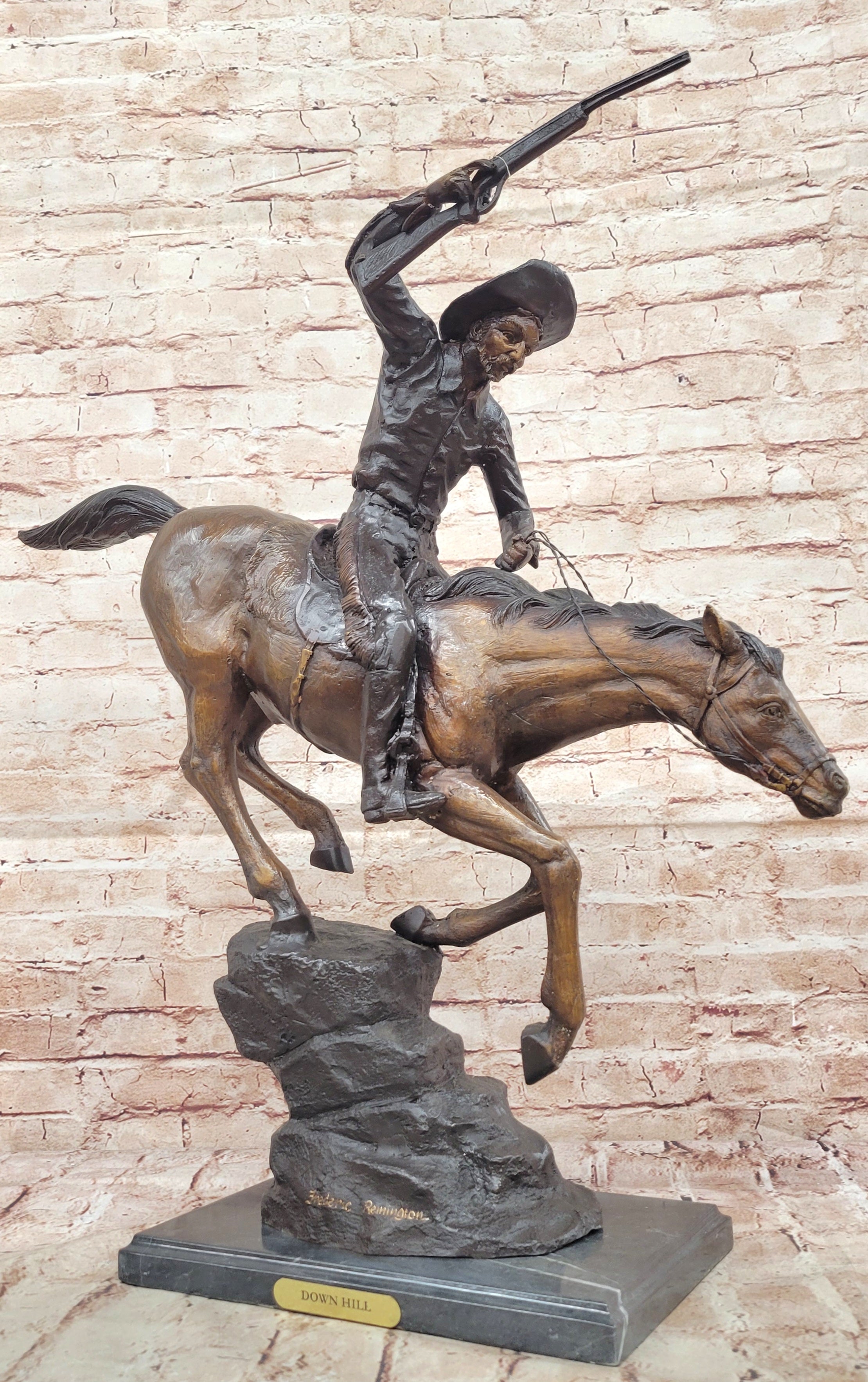 LARGE COWBOY WITH HORSE BRONZE SCULPTURE WESTERN ART REMINGTON FIGURINE DECOR