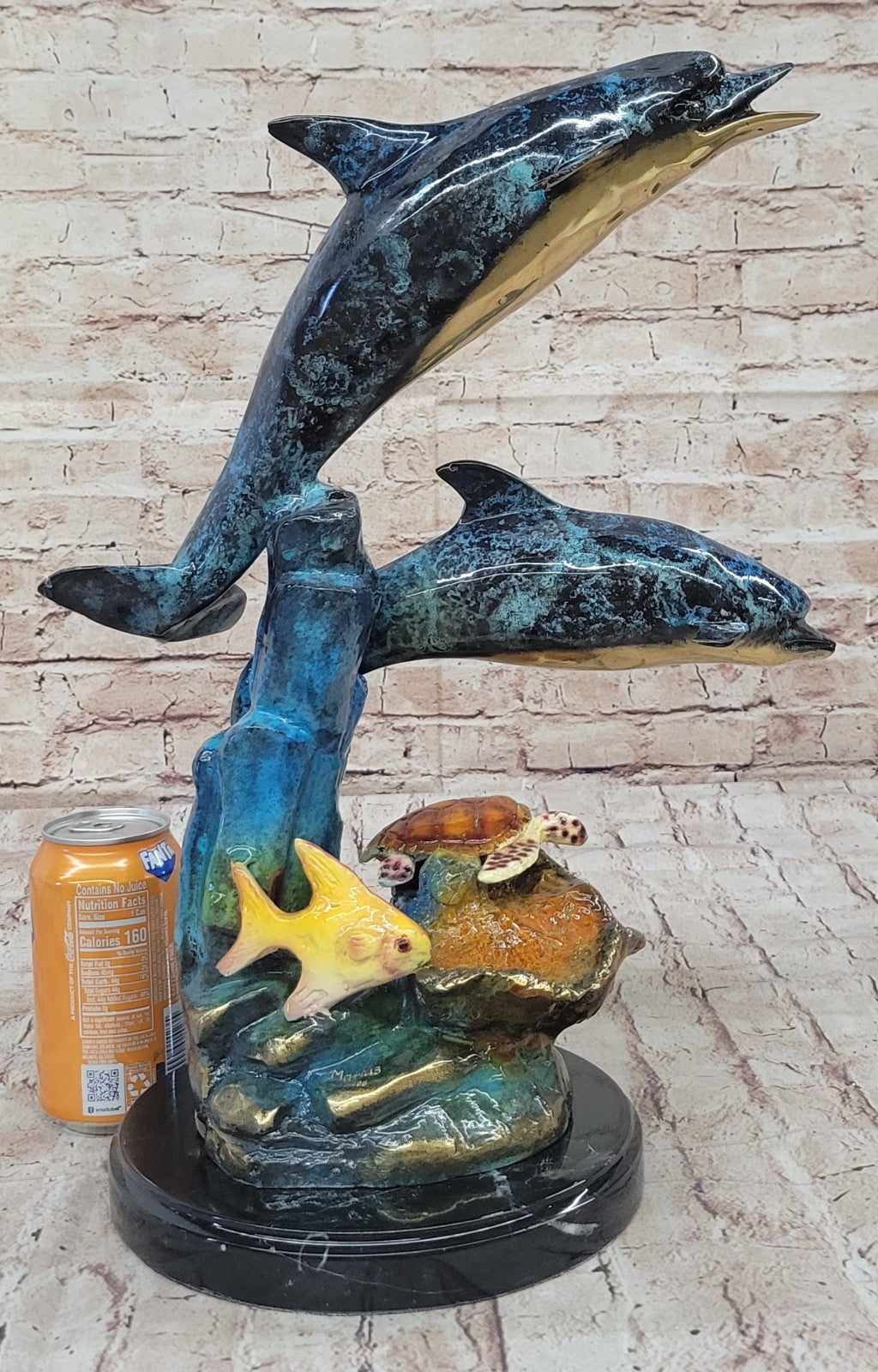 Signed Bronze Turtle and Dolphin Statue: Limited Edition Sea Life Artwork