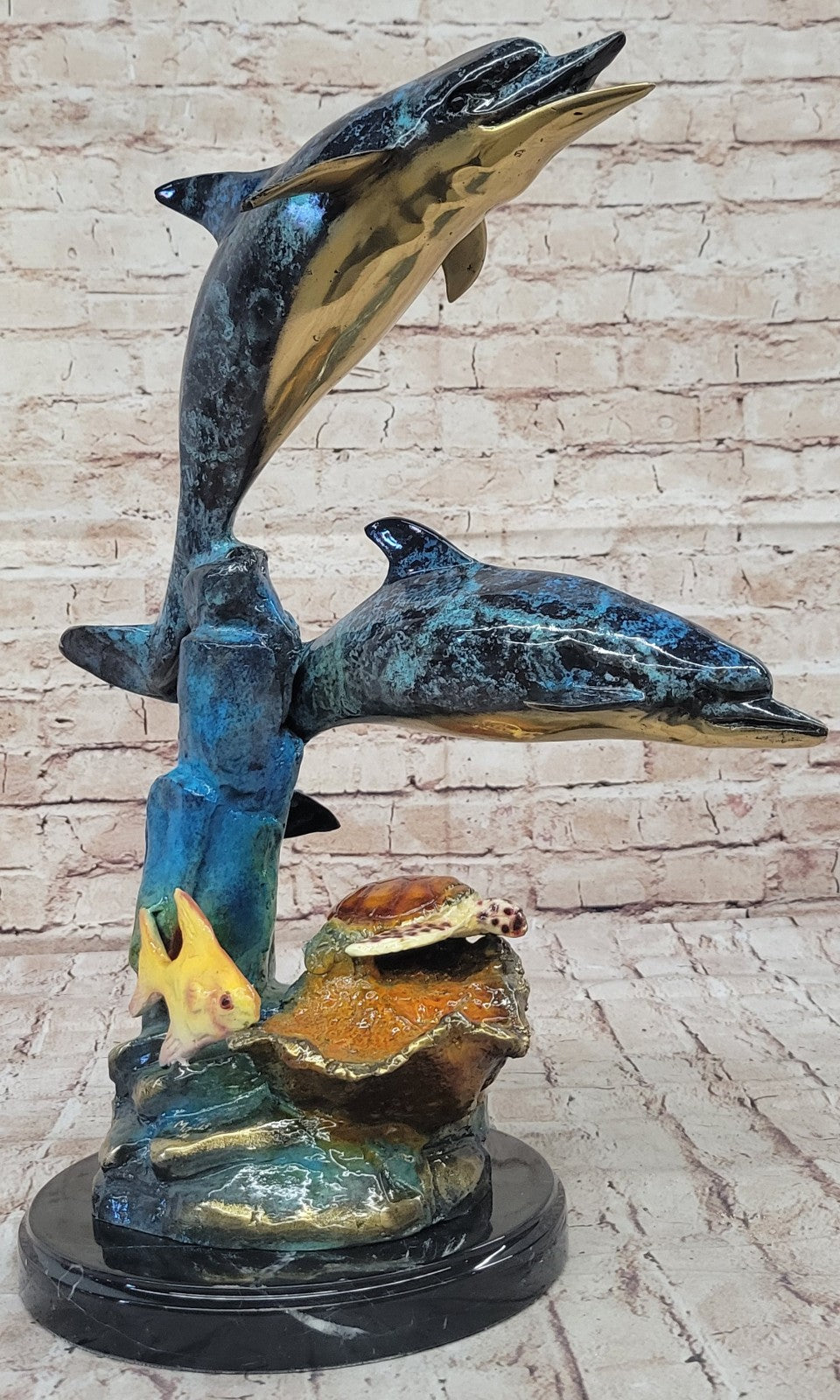 Signed Bronze Turtle and Dolphin Statue: Limited Edition Sea Life Artwork