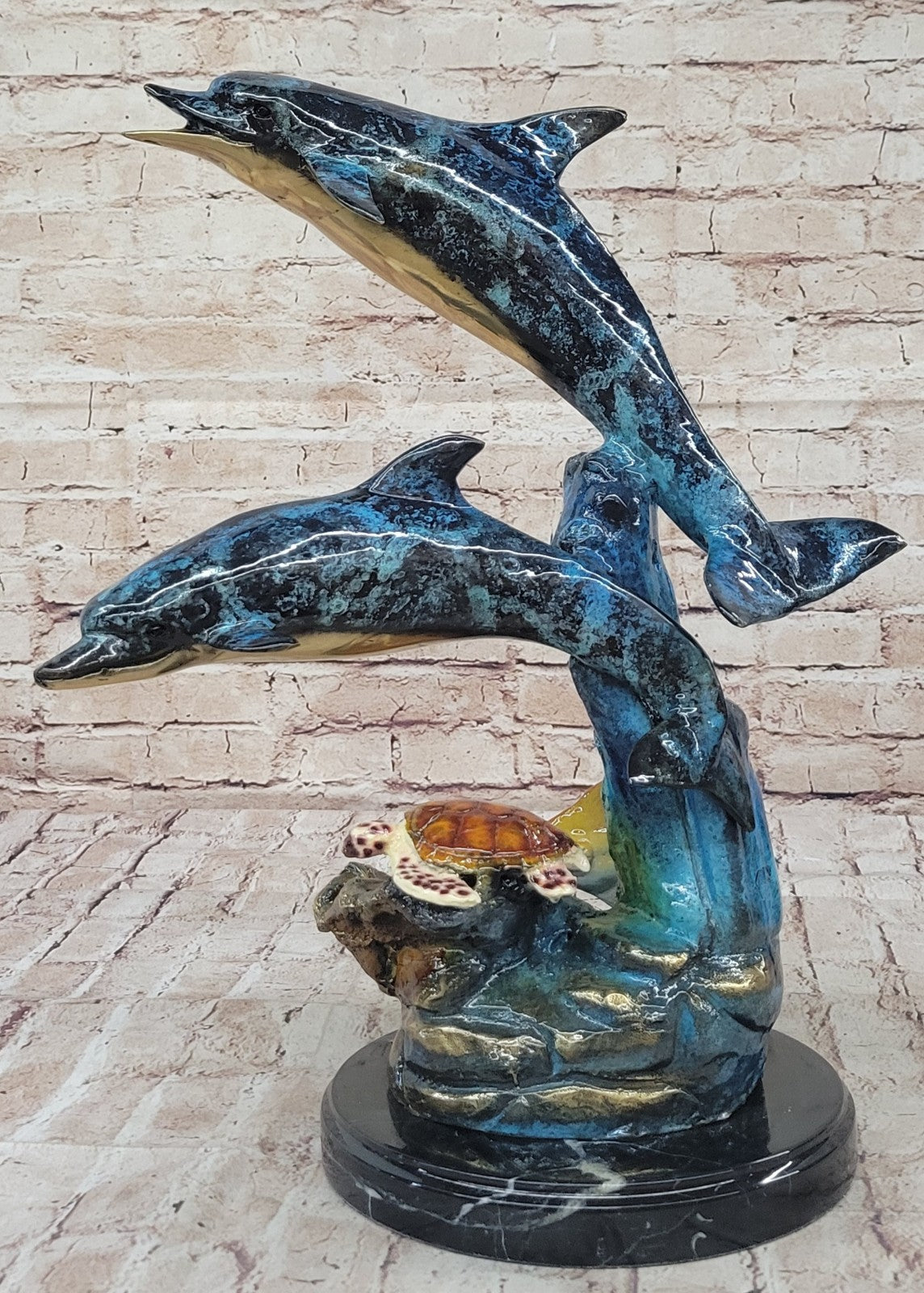 Signed Bronze Turtle and Dolphin Statue: Limited Edition Sea Life Artwork