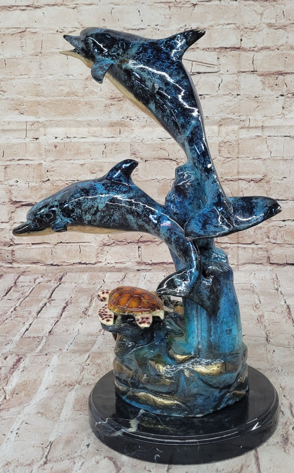 Signed Bronze Turtle and Dolphin Statue: Limited Edition Sea Life Artwork