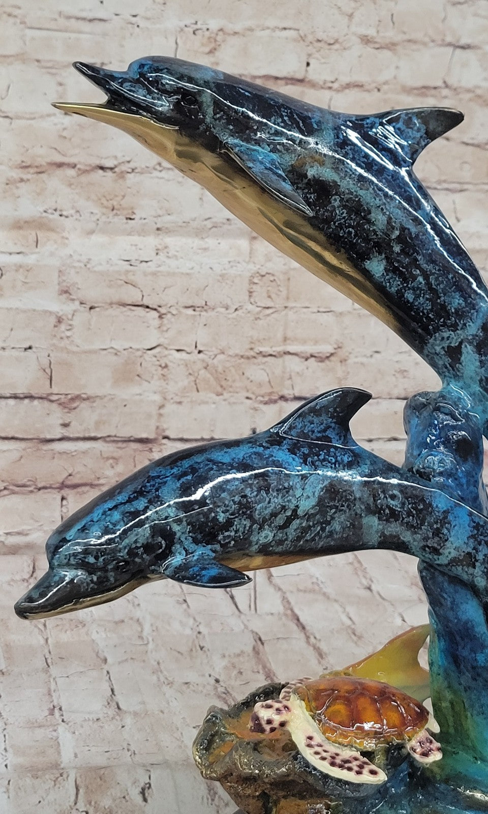 Signed Bronze Turtle and Dolphin Statue: Limited Edition Sea Life Artwork