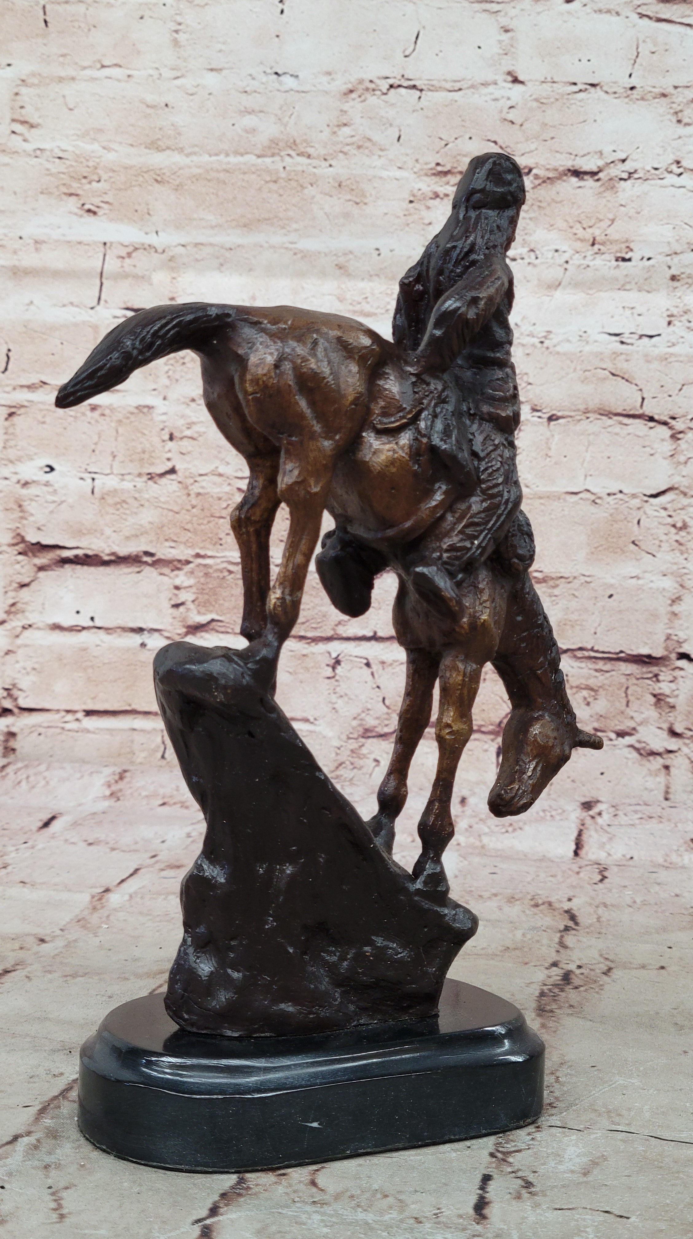 Handcrafted bronze sculpture SALE Rock A On Horse Riding Chief Indian Native