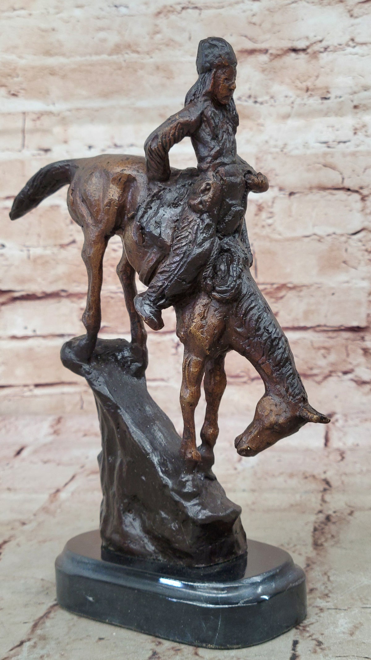 Handcrafted bronze sculpture SALE Rock A On Horse Riding Chief Indian Native