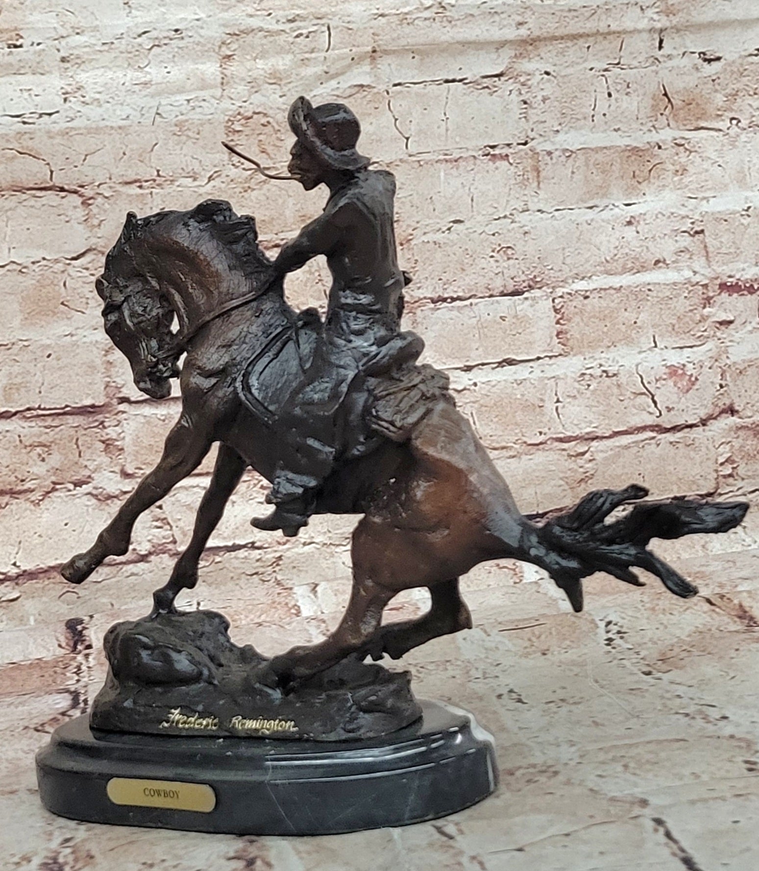 COWBOY" by FREDERIC REMINGTON! DETAILED BRONZE COWBOY & BRONCO! HIS BEST ARTWORK