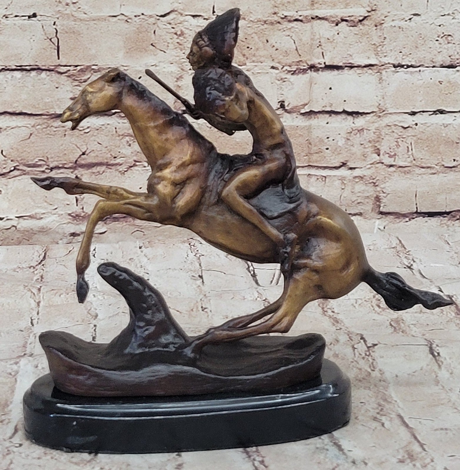 American Indian Riding Horse Signed Remington Native Bronze Sculpture Statue