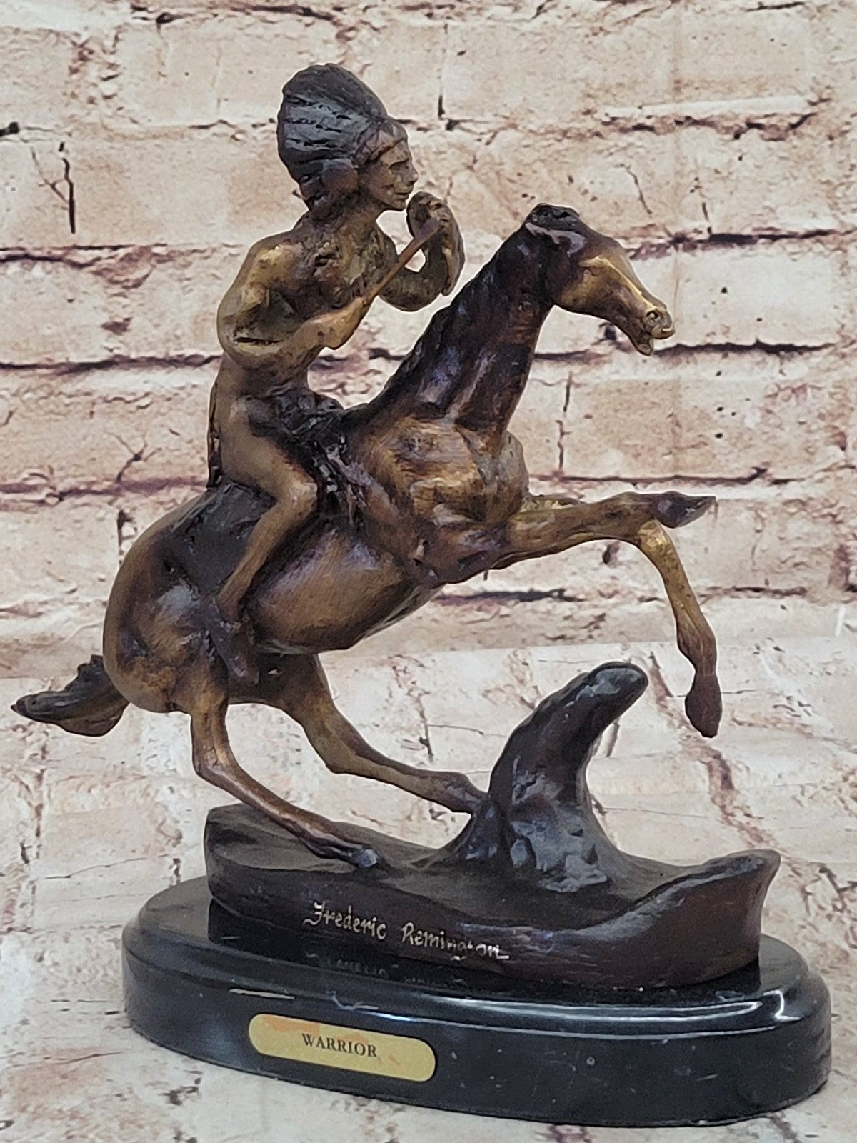 American Indian Riding Horse Signed Remington Native Bronze Sculpture Statue