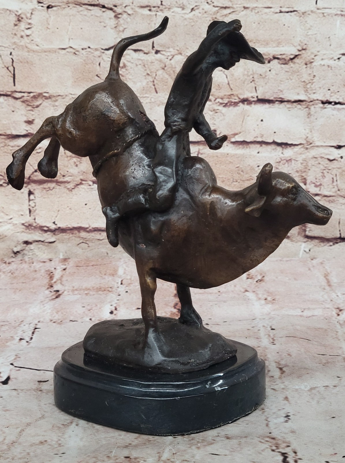 Bronze Marble Statue Rodeo Western Cowboy Bull Rodeo Rider Figurine