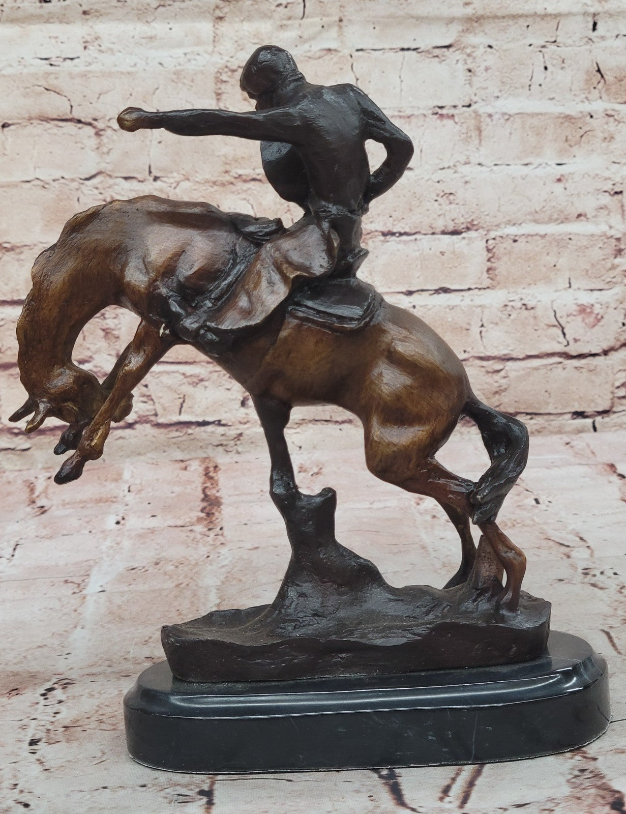 Americana Hand Made Pure Genuine Bronze Cowboy Horse Bronze Marble Base Figurine