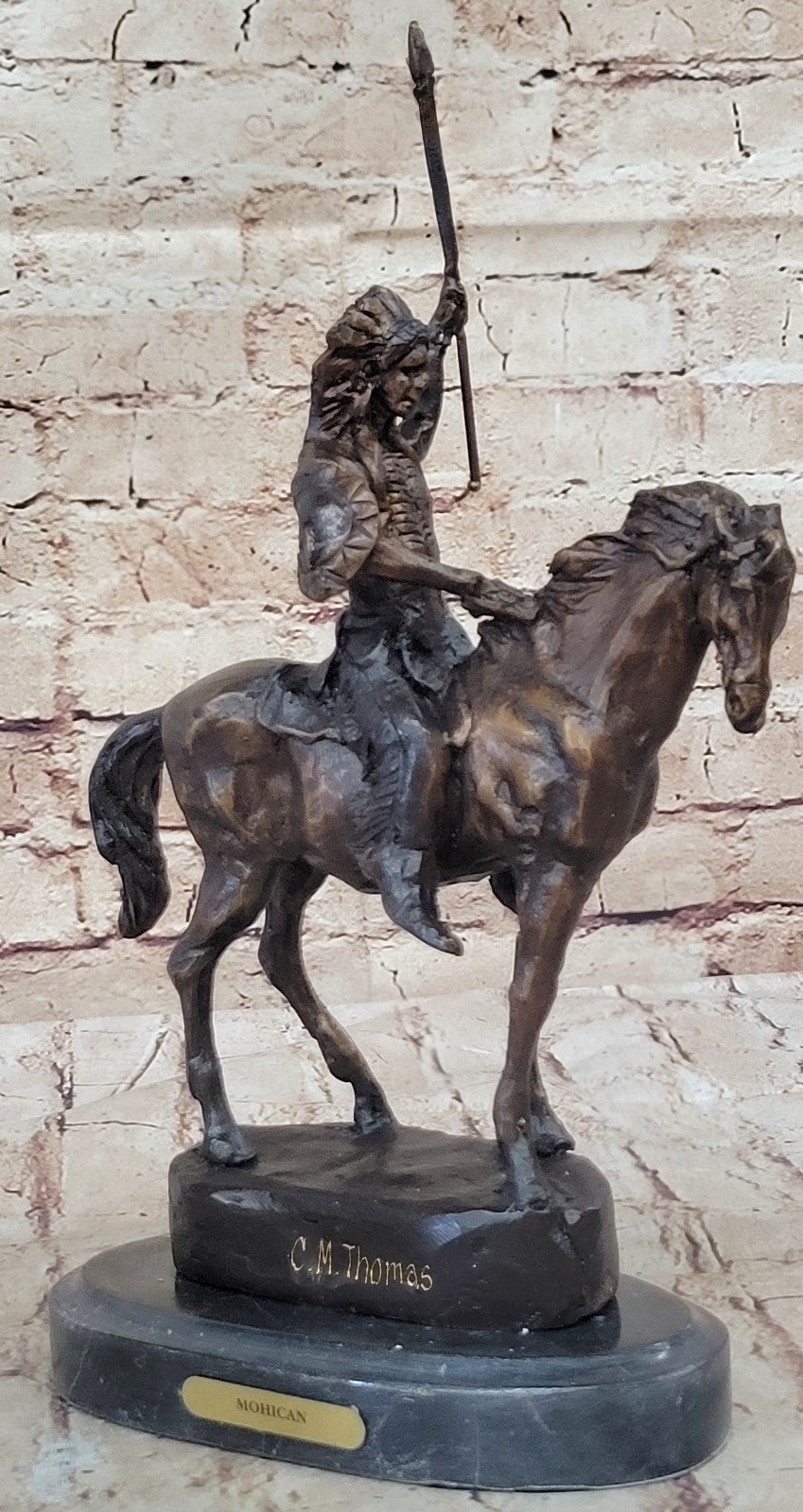 Signed Thomas Native American Indian Riding Horse Bronze Sculpture Statue Art