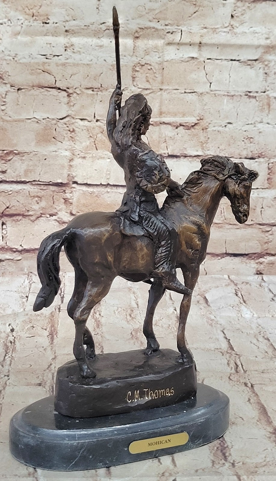 Signed Thomas Native American Indian Riding Horse Bronze Sculpture Statue Art
