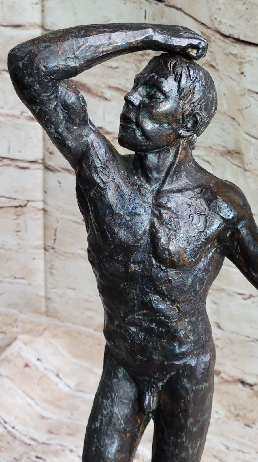 L`âge d`airain- sculpture d`Auguste Rodin- véritable bronze et marbre- Figure