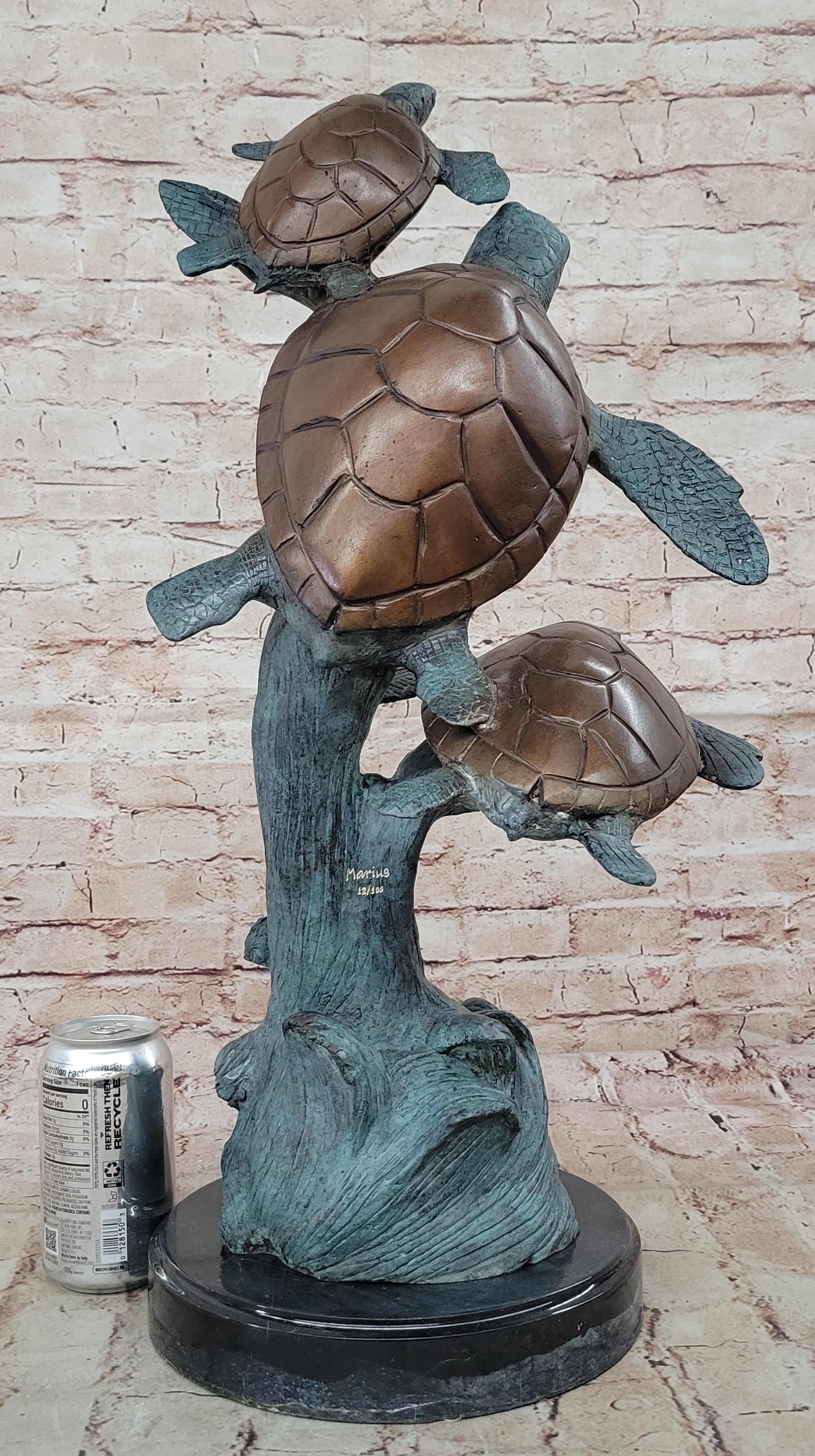 Swimming Sea Turtles Bronze Sculpture, Special Patina Finish Figurine