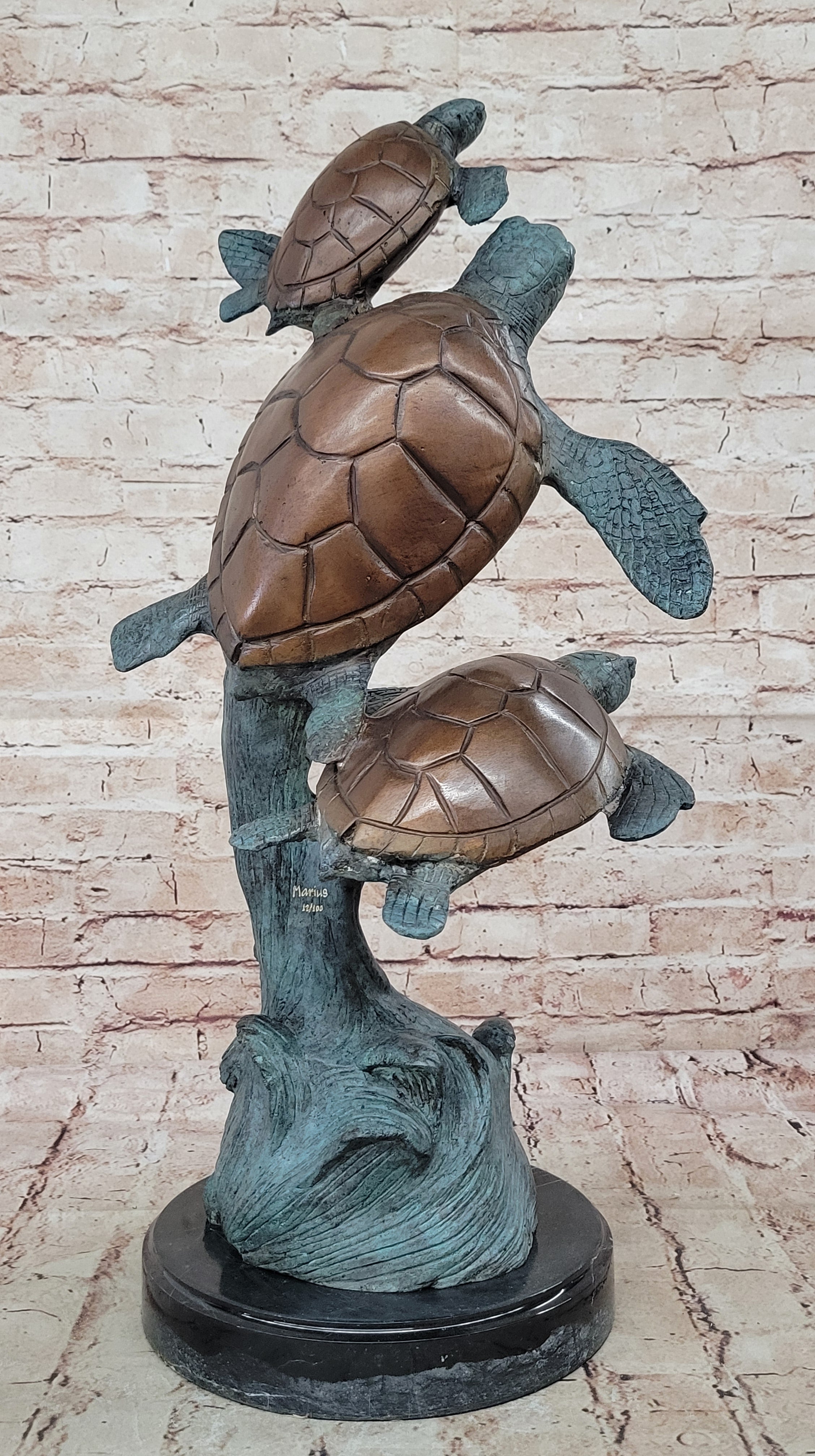 Swimming Sea Turtles Bronze Sculpture, Special Patina Finish Figurine