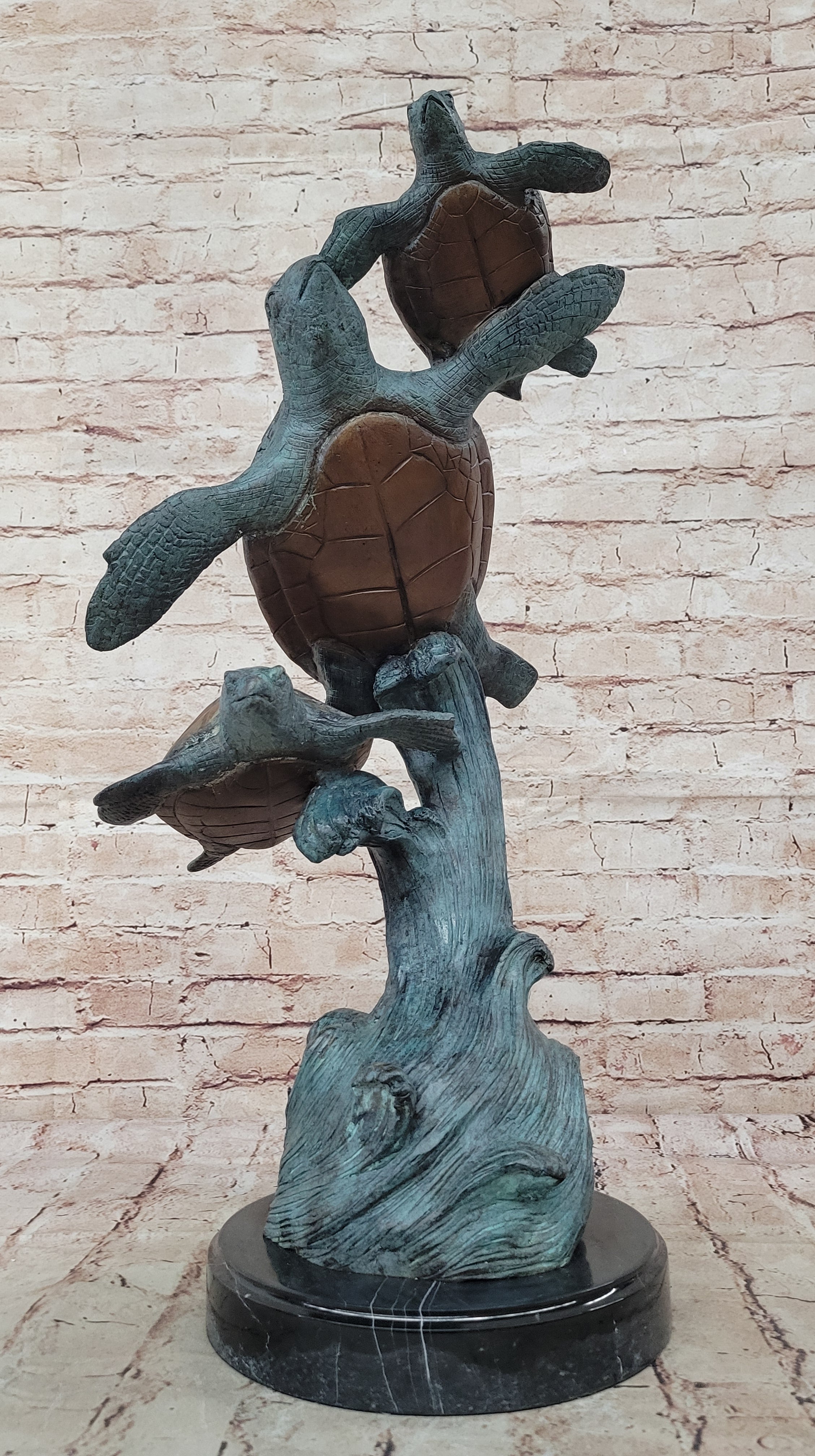 Swimming Sea Turtles Bronze Sculpture, Special Patina Finish Figurine