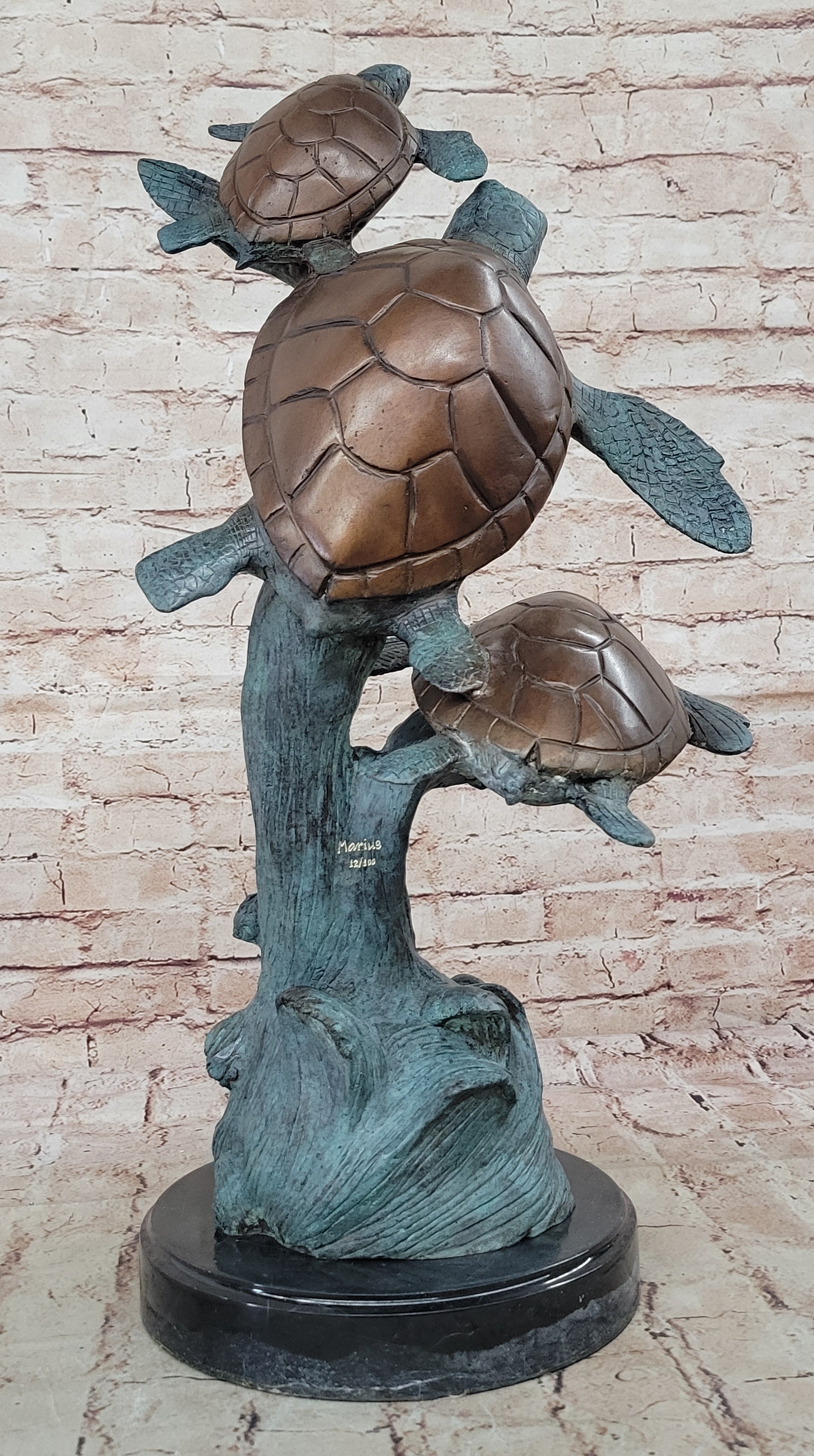 Swimming Sea Turtles Bronze Sculpture, Special Patina Finish Figurine
