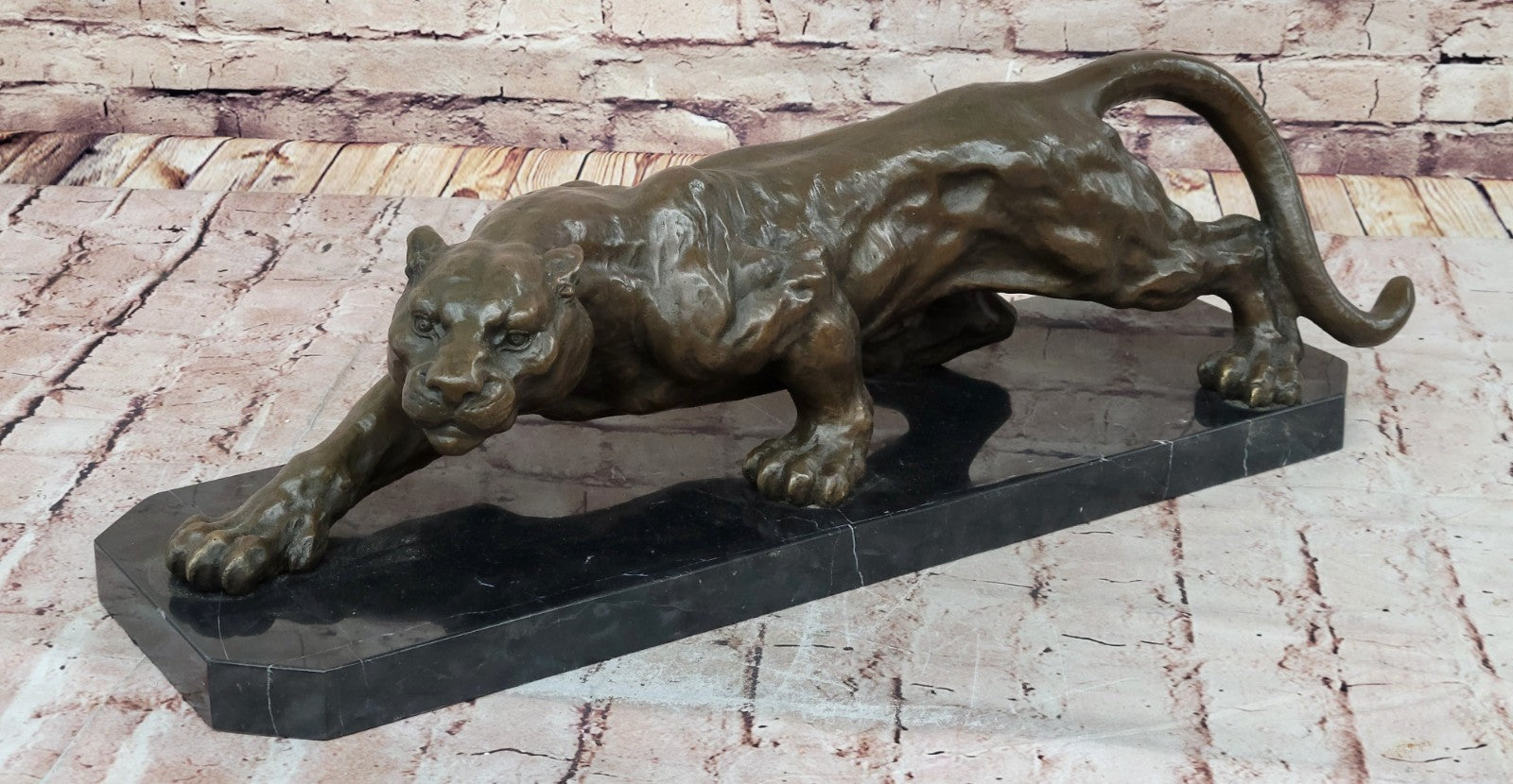 Extra Large Mountain Lion Cougar Puma Bronze Art Deco Sculpture Figurine By Milo