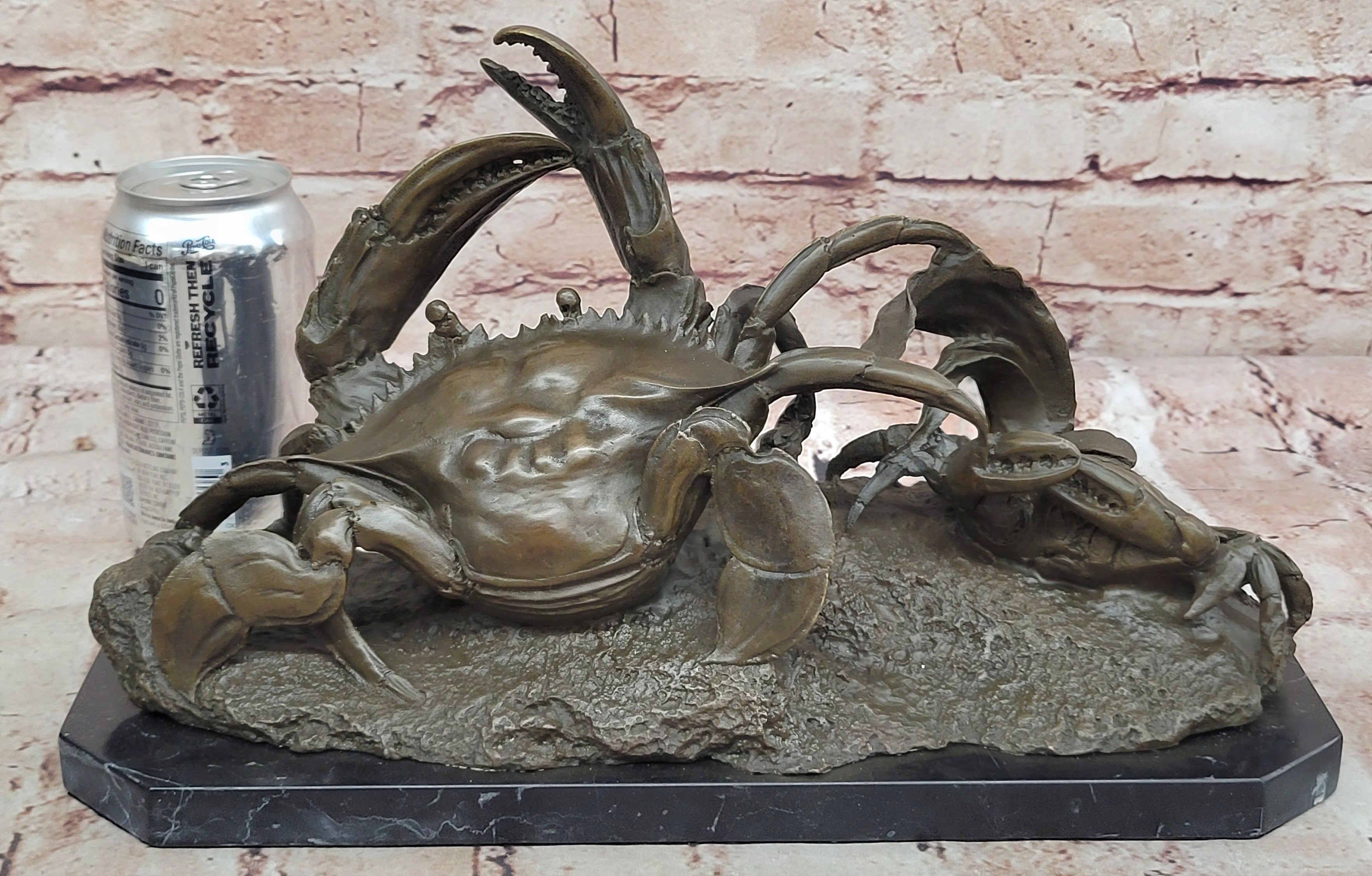 Handcrafted Brown Patina Crab Lobster Bronze Sculpture Marble Base Figurine
