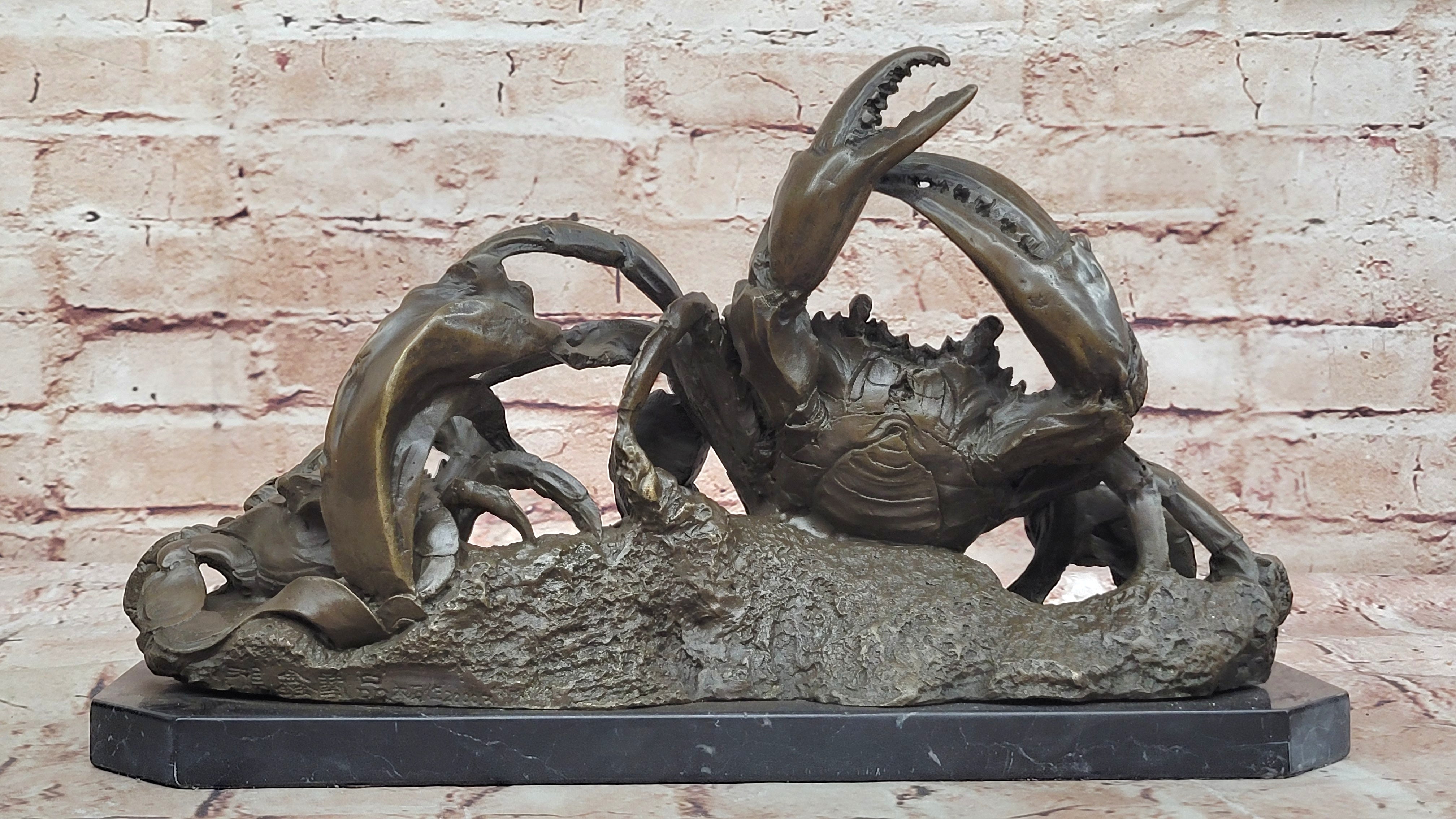 Handcrafted Brown Patina Crab Lobster Bronze Sculpture Marble Base Figurine