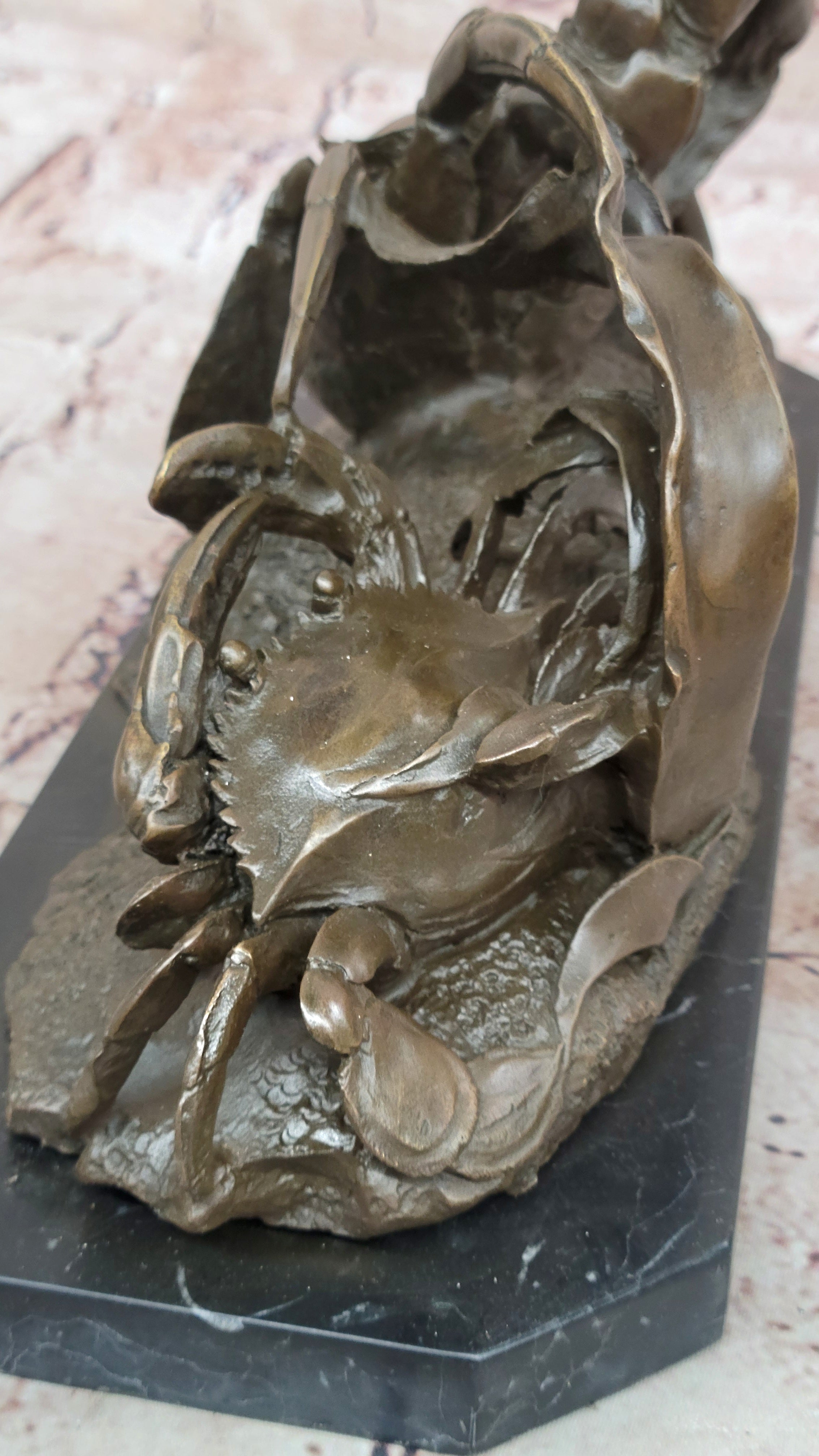 Handcrafted Brown Patina Crab Lobster Bronze Sculpture Marble Base Figurine